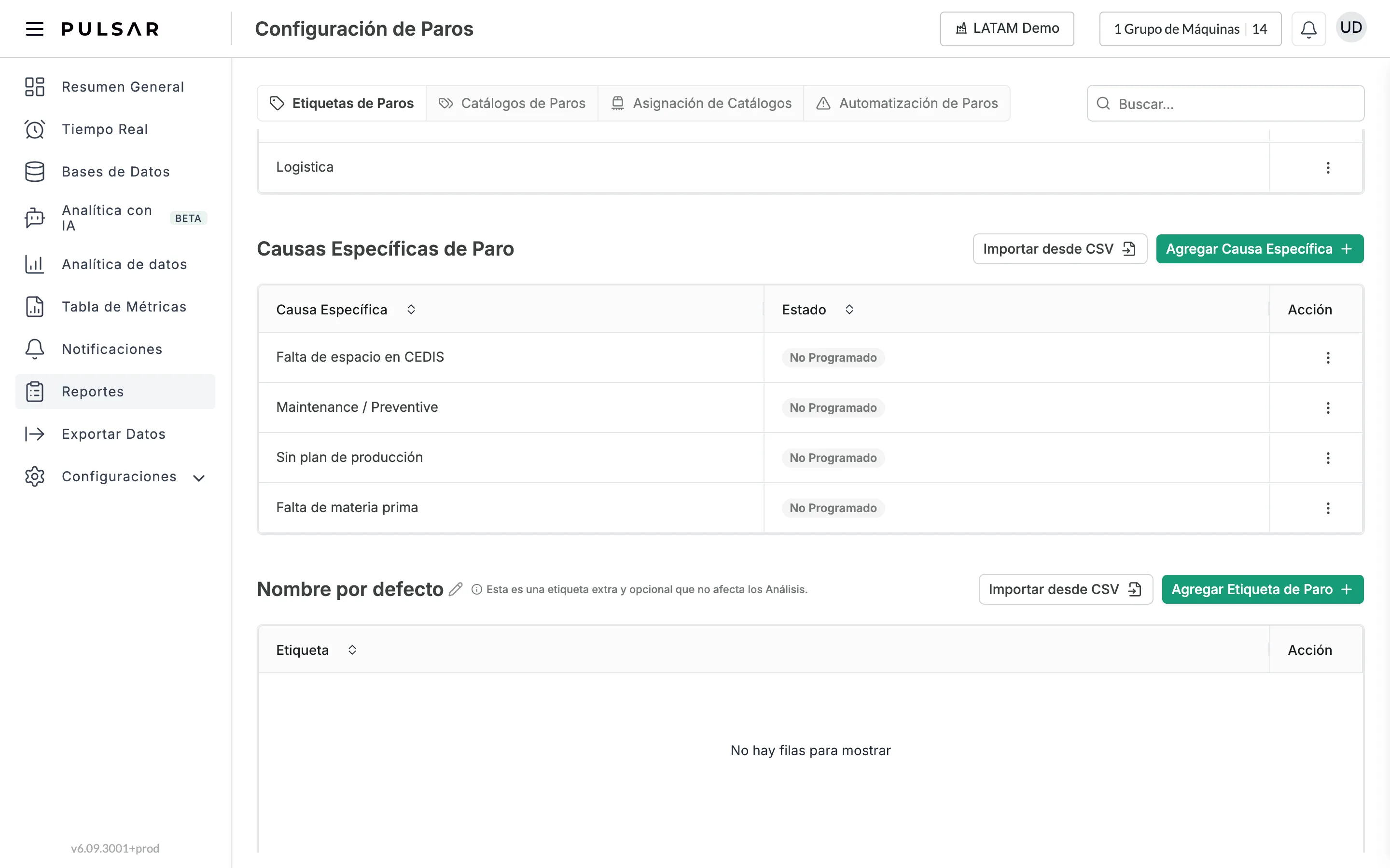 Configuraciones > Paradas, pestaña Etiquetas de Paros, en la sección de la etiqueta adicional: el nombre Nombre por defecto con su lápiz, la nota Esta es una etiqueta extra y opcional que no afecta los Análisis, los botones Importar desde CSV y Agregar Etiqueta de Paro, y debajo la tabla Etiqueta y Acción.