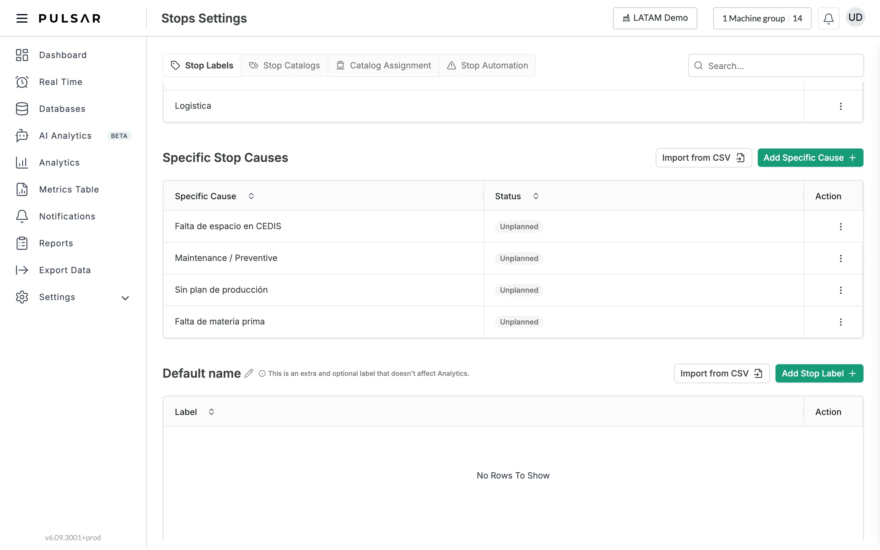 Settings > Stops, Stop Labels tab, scrolled to the additional label section: the name Default name with its pencil icon, the note This is an extra and optional label that doesn't affect Analytics, the Import from CSV and Add Stop Label buttons, and the Label and Action table below.