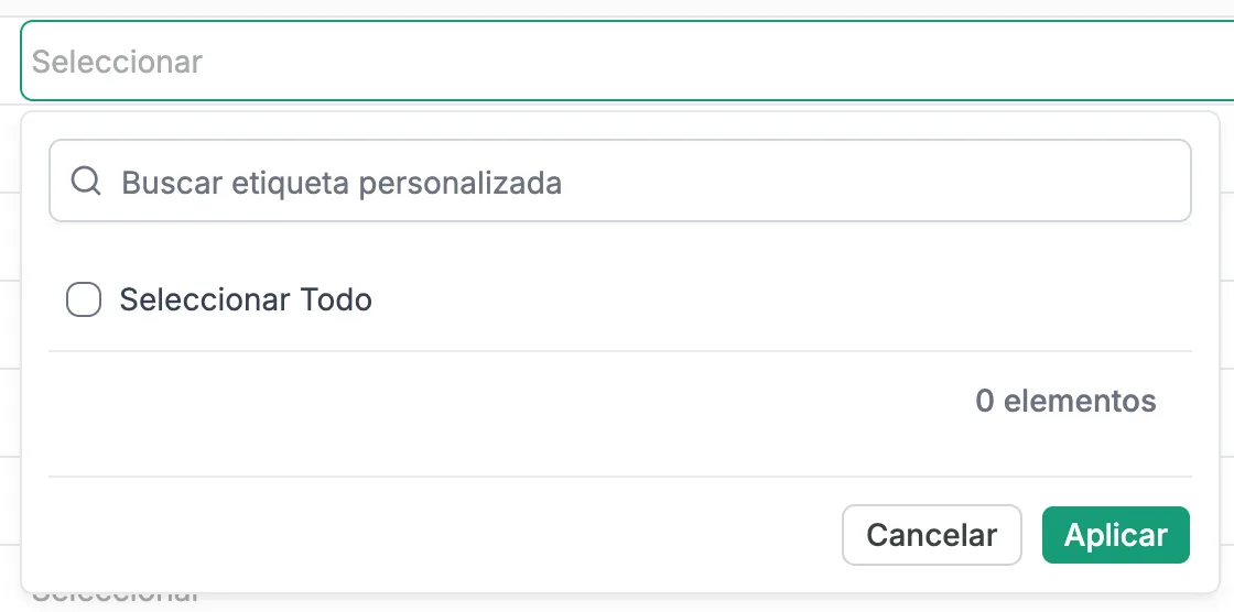 El menú Etiqueta Personalizada de una máquina abierto, con un cuadro de búsqueda, la casilla Seleccionar Todo, una casilla por cada valor de la etiqueta (en este ejemplo aún no hay ninguno, así que muestra 0 elementos), el número de elementos y los botones Cancelar y Aplicar.