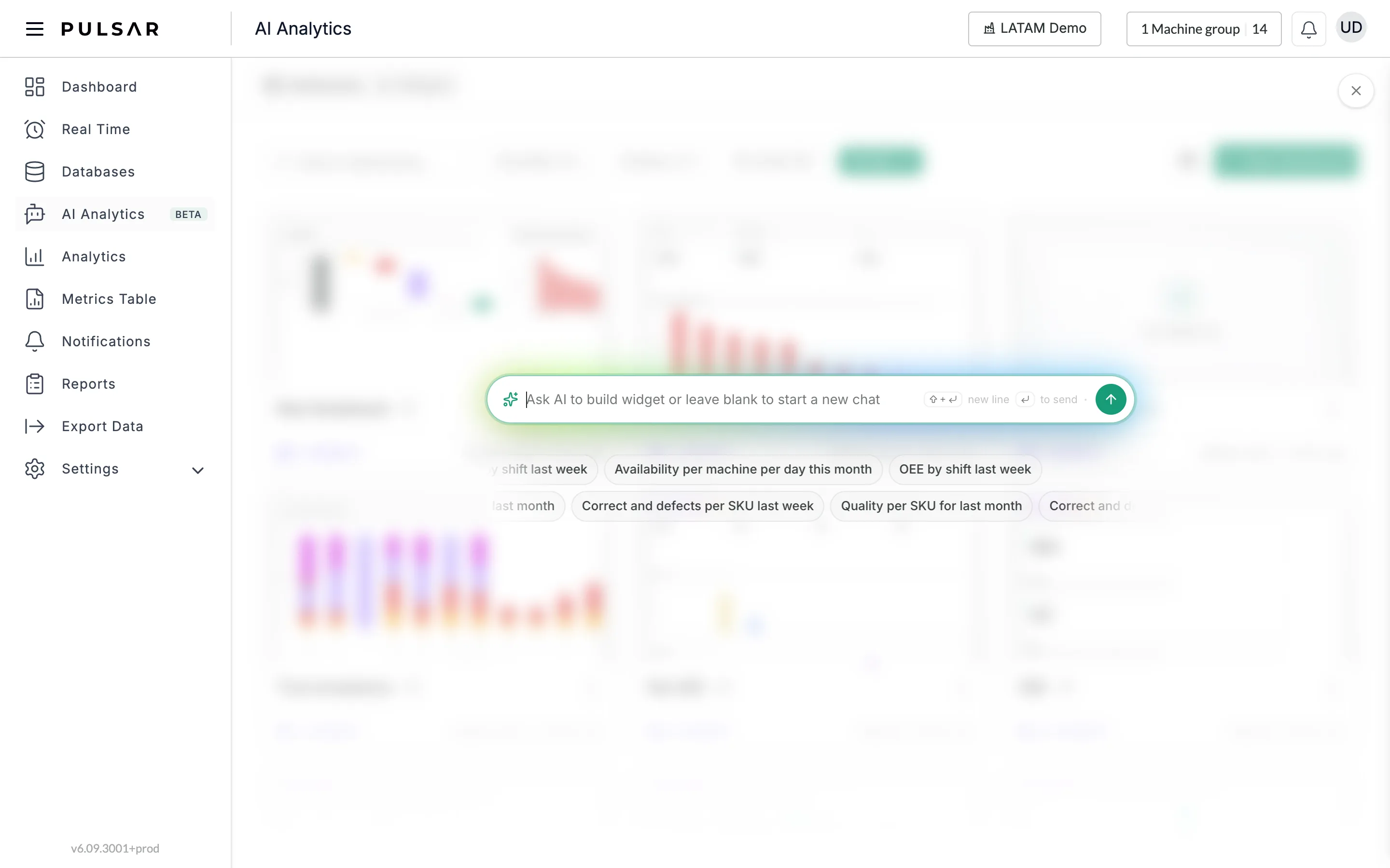 The Ask AI box open over a blurred AI Analytics page, with the placeholder Ask AI to build widget or leave blank to start a new chat, the hints Shift + Enter for a new line and Enter to send, a green send button, and two rows of suggestions such as OEE by shift last week, Availability per machine per day this month, Quality per SKU for last month and Correct and defects per SKU last week. A close button X at the top right.