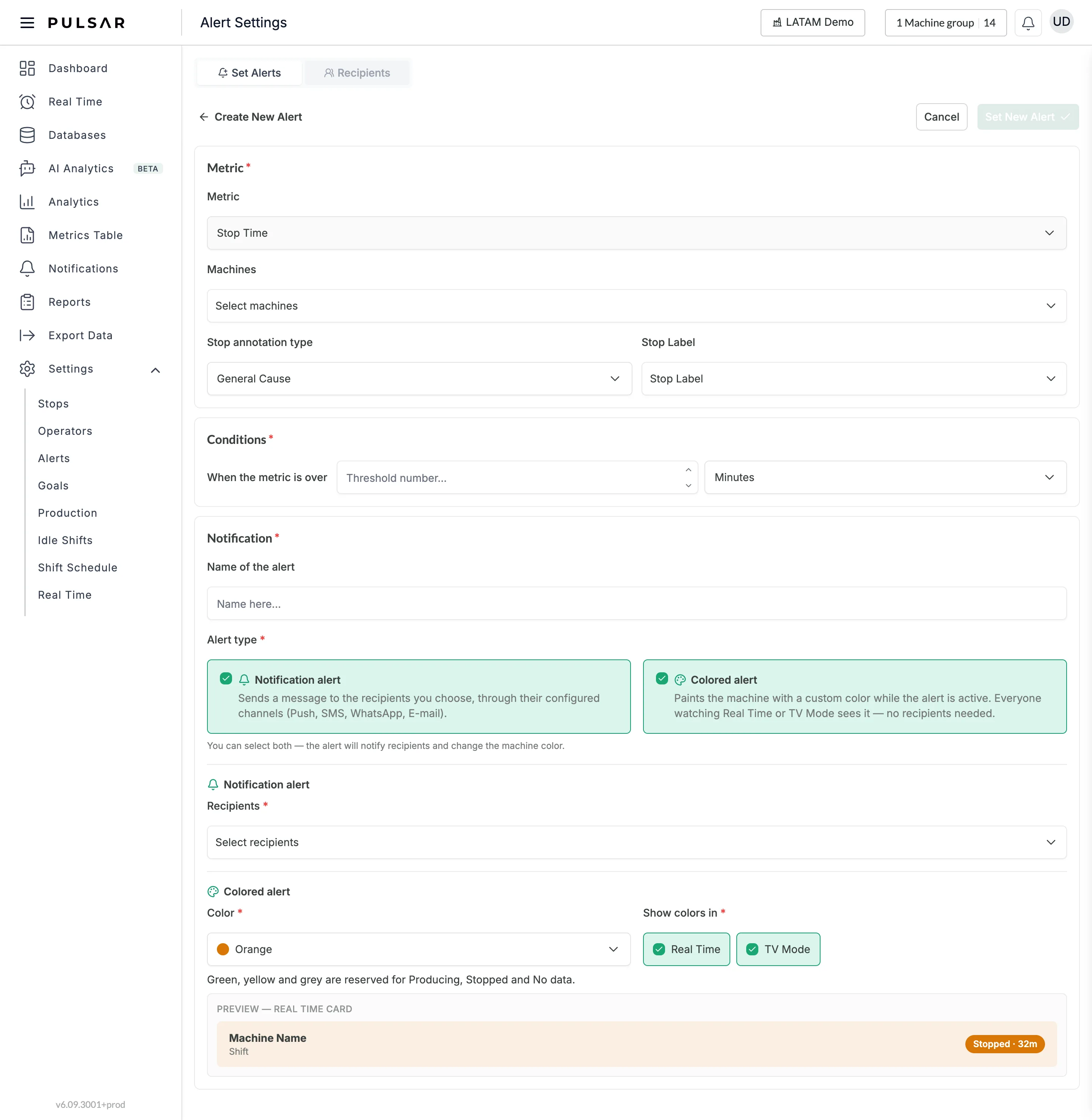 The Create New Alert form with Stop Time selected: the Metric section with Metric, Machines, Stop annotation type (General Cause) and Stop Label; the Conditions section with When the metric is over, a threshold number field and Minutes; and the Notification section with Name of the alert and both alert types checked, showing Recipients, Color (Orange), Show colors in (Real Time, TV Mode) and a Real Time card preview. Cancel and Set New Alert at the top right.