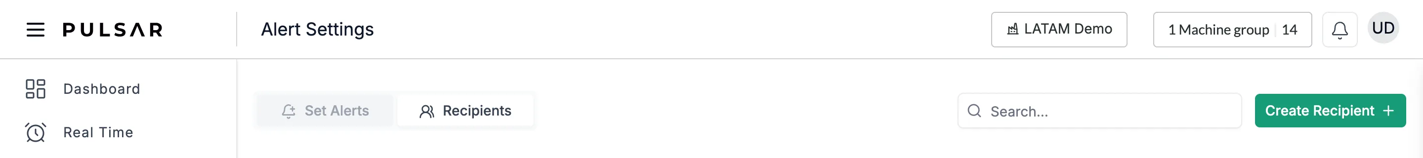 The top of the Recipients tab, with the search bar and the Create Recipient button at the top right.