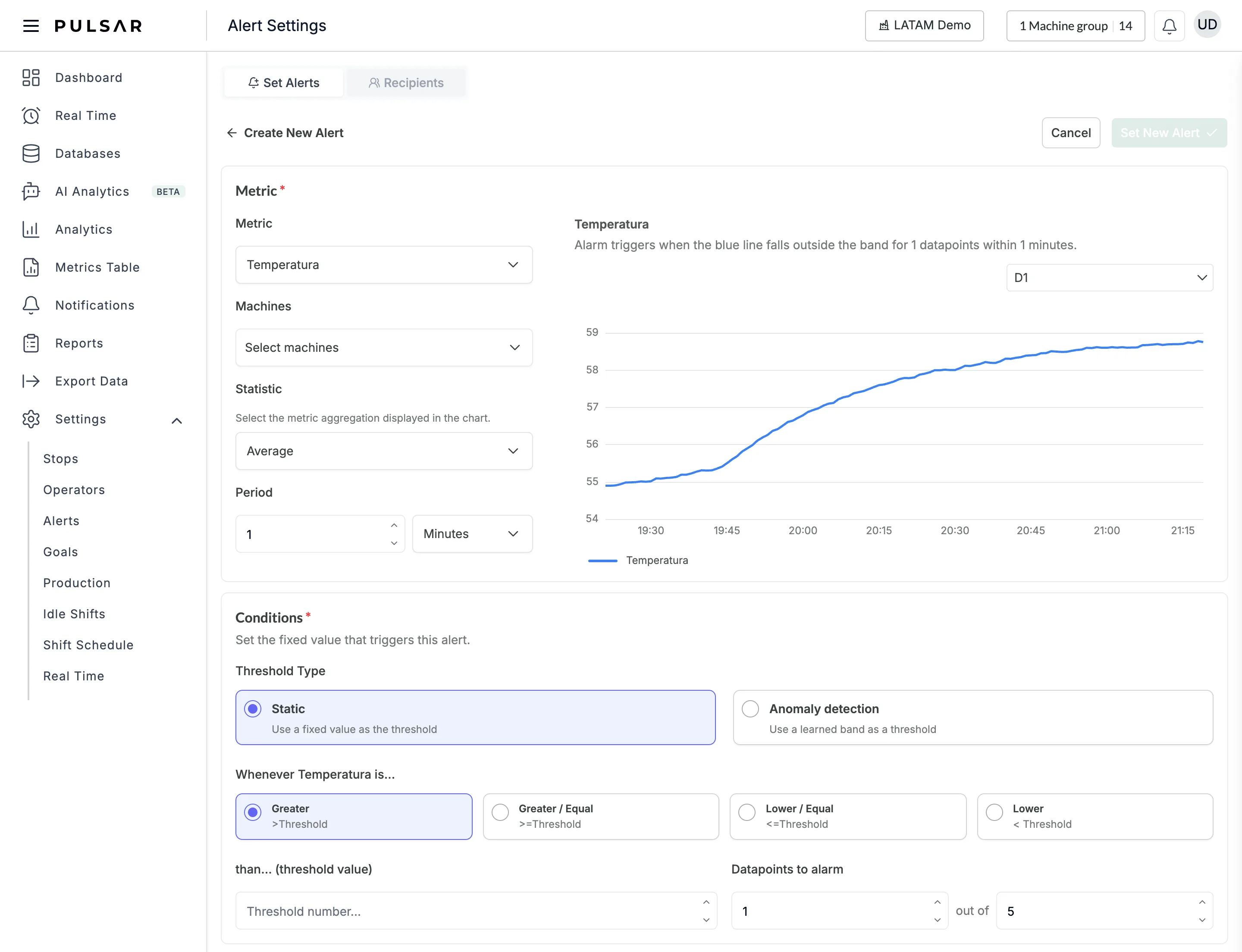The Create New Alert form with a sensor variable (Temperatura) selected: Statistic set to Average and Period to 1 Minutes, a line chart of the variable's recent values, and the Conditions section with Threshold Type Static or Anomaly detection, the comparison options Greater, Greater / Equal, Lower / Equal and Lower, the threshold value field and Datapoints to alarm 1 out of 5.