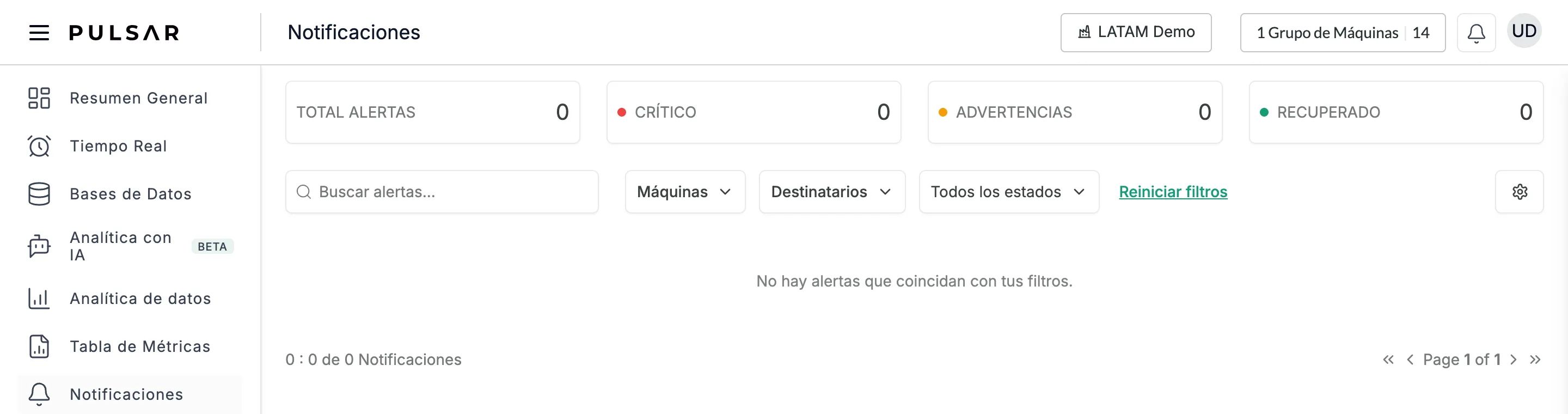 La página Notificaciones, abierta desde Notificaciones en el menú lateral: arriba, los contadores TOTAL ALERTAS, CRÍTICO, ADVERTENCIAS y RECUPERADO; luego el buscador de alertas, los filtros Máquinas, Destinatarios y Todos los estados, Reiniciar filtros y un botón de engrane a la derecha, sobre el listado de notificaciones, aquí vacío con el mensaje No hay alertas que coincidan con tus filtros.