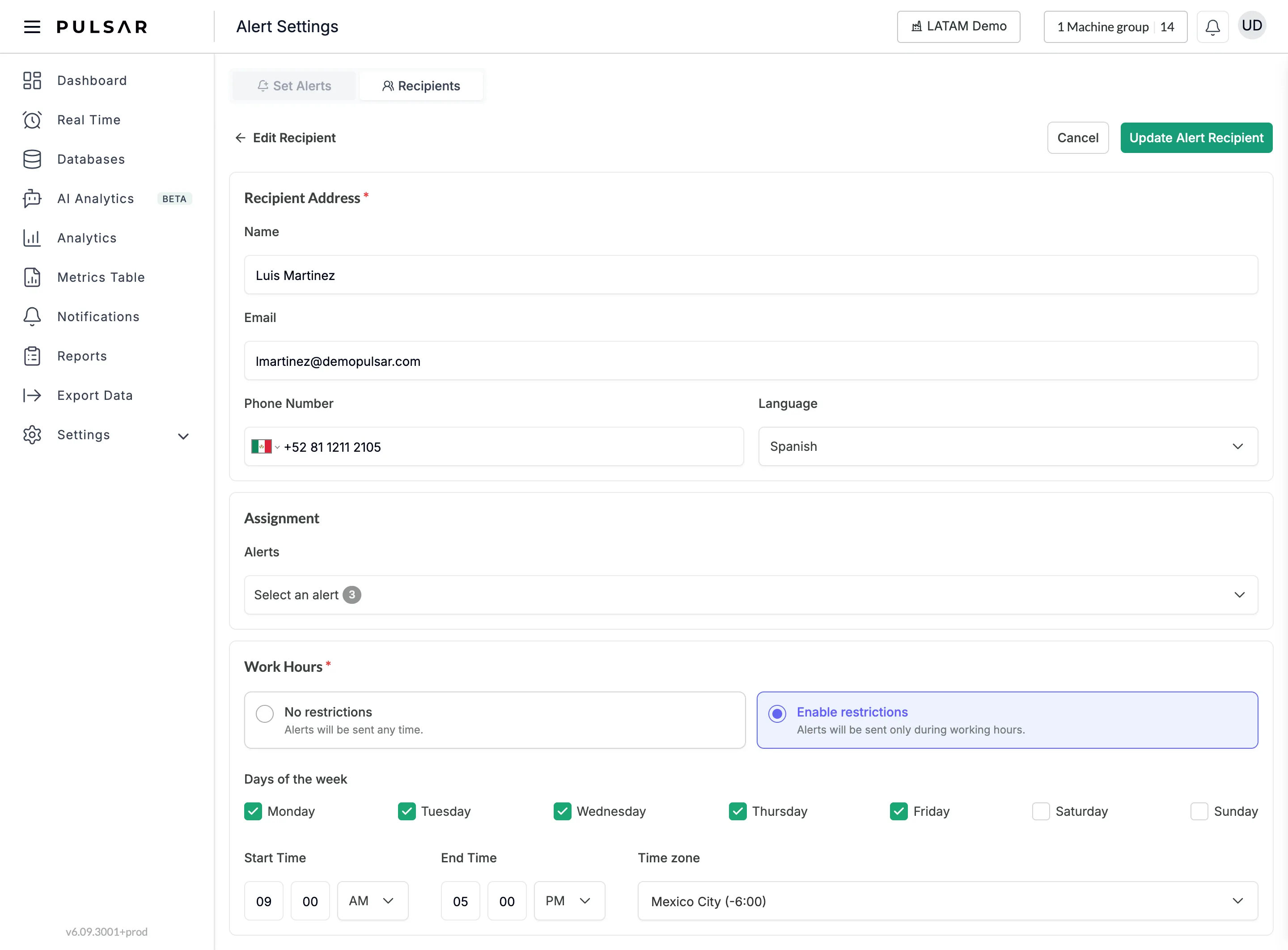 The Edit Recipient page with the Recipient Address section (Name, Email, Phone Number with a country flag and Language), the Assignment section with the Alerts drop-down, and Work Hours with Enable restrictions selected, showing the days of the week Monday to Sunday, Start Time, End Time and Time zone. Cancel and Update Alert Recipient at the top right.