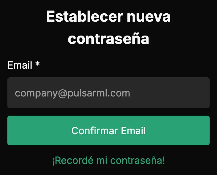 La página Establecer nueva contraseña con el campo Email, el botón verde Confirmar Email y debajo el enlace ¡Recordé mi contraseña!