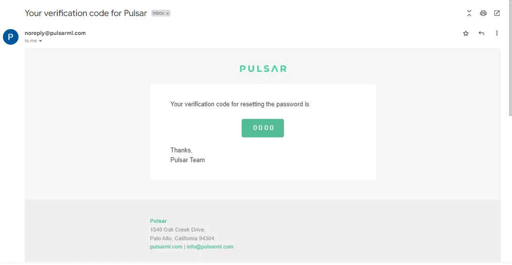 The email from noreply@pulsarml.com titled Your verification code for Pulsar, showing the verification code for resetting the password in a green box.