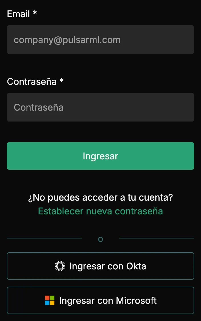 El formulario de inicio de sesión de Pulsar con los campos Email y Contraseña y el botón Ingresar, y debajo el texto ¿No puedes acceder a tu cuenta? con el enlace verde Establecer nueva contraseña.