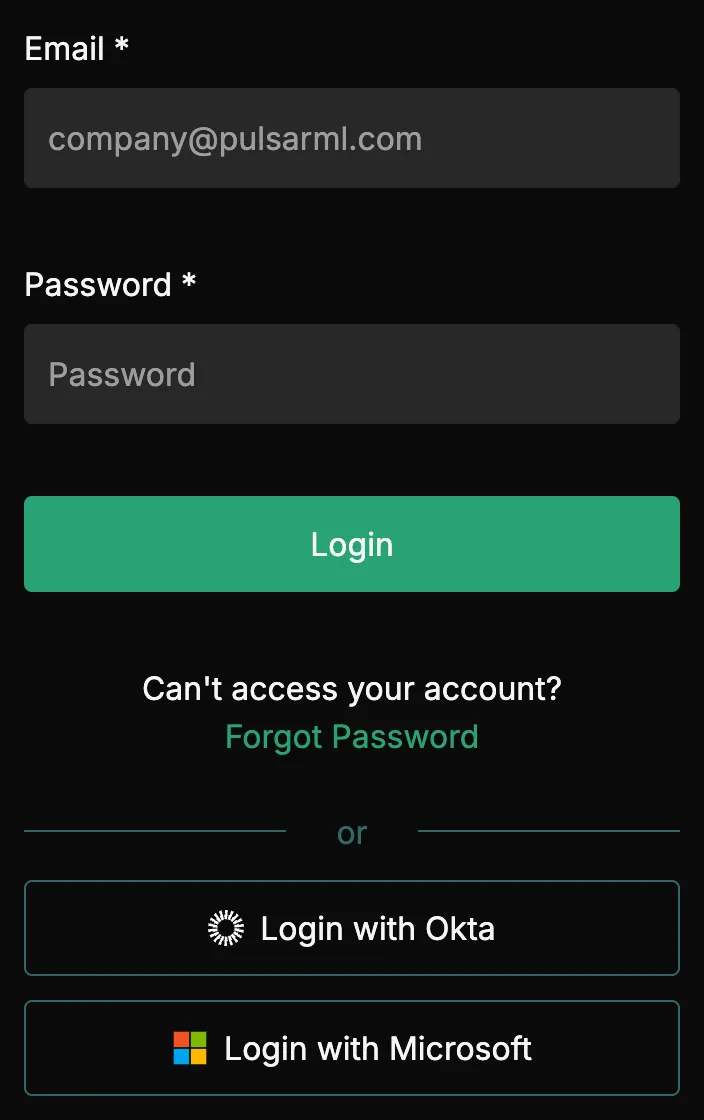 The Pulsar sign-in form with the Email and Password fields and the Login button, and below it the text Can't access your account? with the green Forgot Password link.