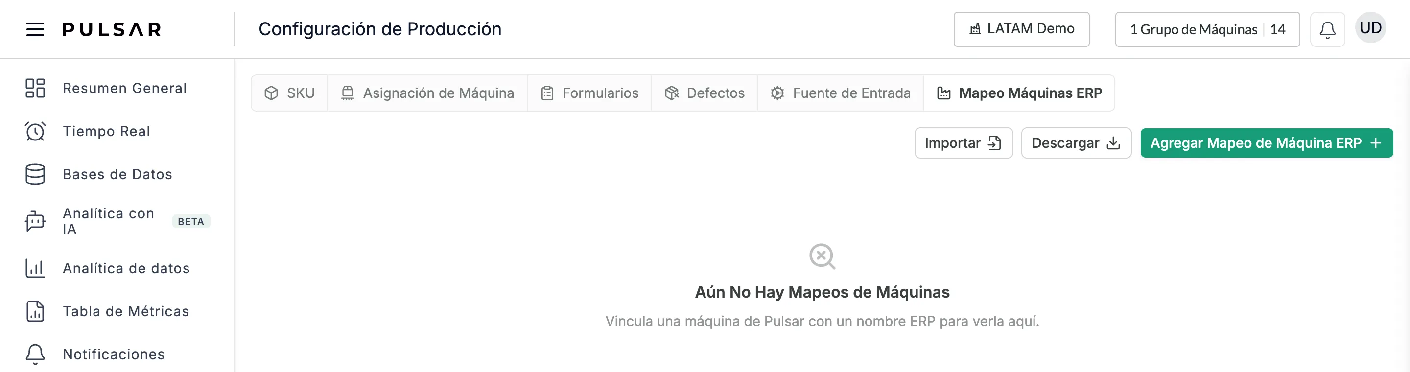 Configuración de Producción en la pestaña Mapeo Máquinas ERP, con los botones Importar, Descargar y Agregar Mapeo de Máquina ERP arriba a la derecha y, abajo, el estado vacío Aún No Hay Mapeos de Máquinas, Vincula una máquina de Pulsar con un nombre ERP para verla aquí.