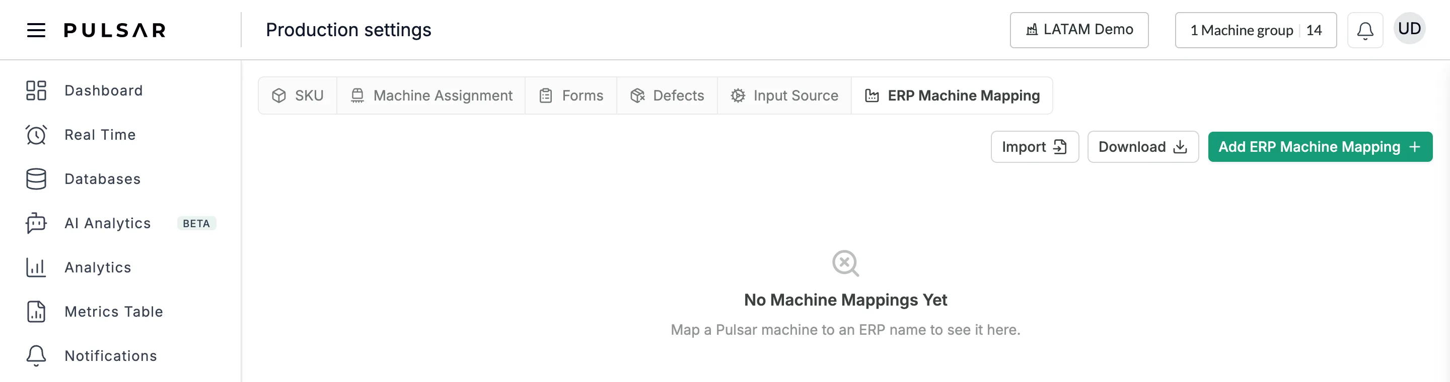 Production settings on the ERP Machine Mapping tab, with the Import, Download and Add ERP Machine Mapping buttons at the top right and, below, the empty state No Machine Mappings Yet, Map a Pulsar machine to an ERP name to see it here.