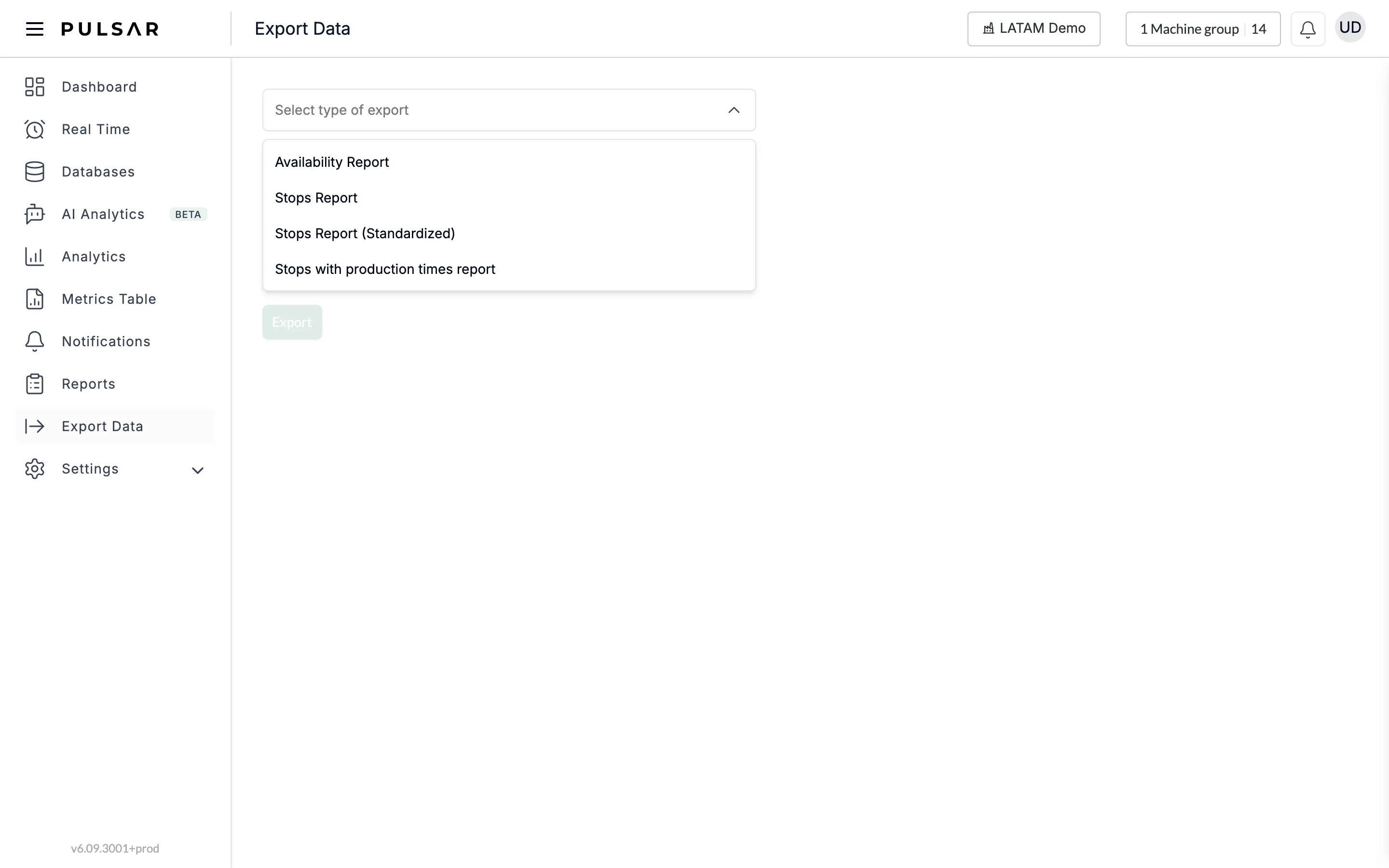 The Export Data page with the Select type of export list open, showing Availability Report, Stops Report, Stops Report (Standardized) and Stops with production times report. The open list covers the date range and Select recipients; the disabled Export button is below it.