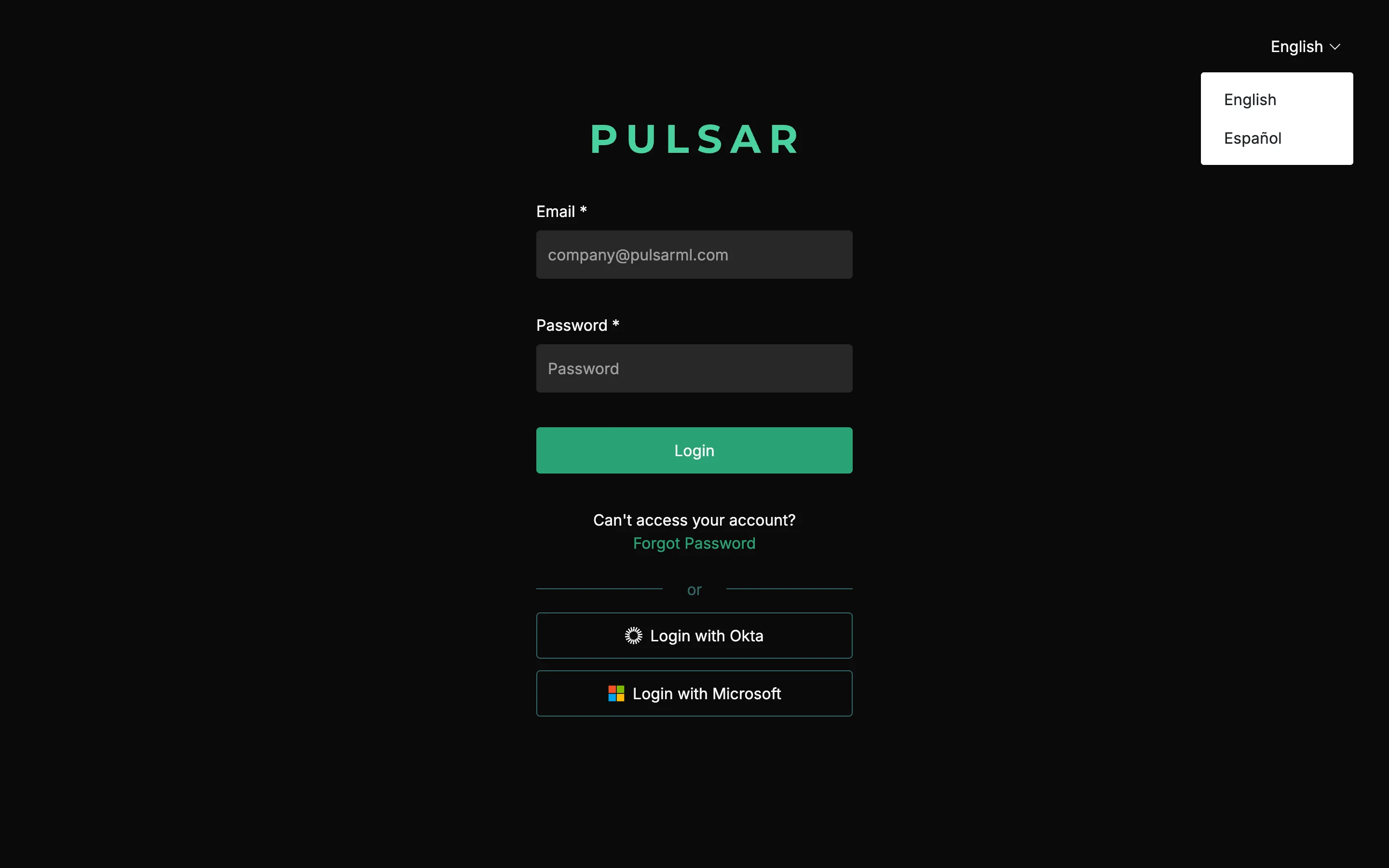 The Pulsar sign-in page on a dark background, with the language selector at the top right open and showing English and Español.