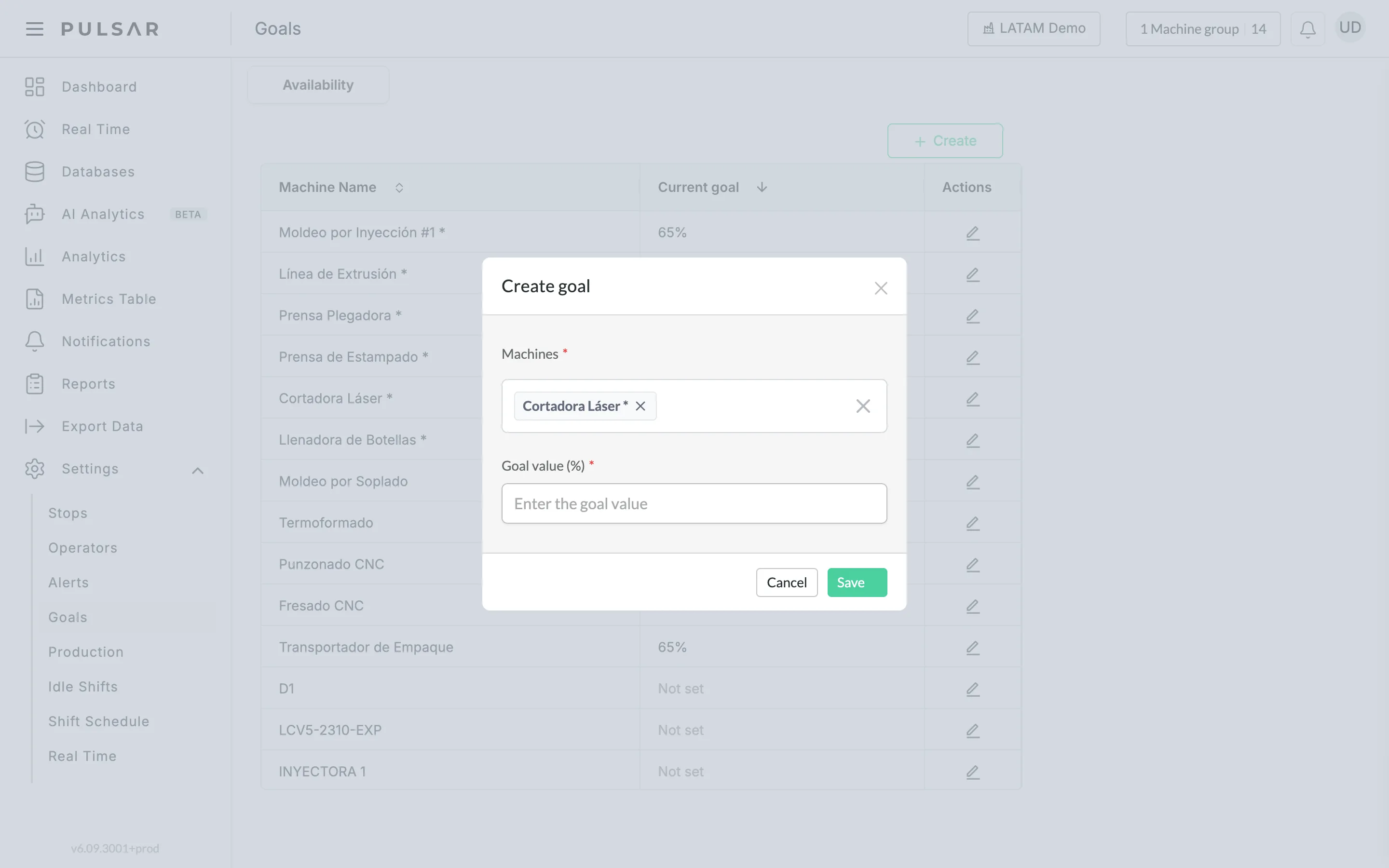 The Create goal dialog, with one machine selected in Machines, the Goal value (%) field reading Enter the goal value, and the Cancel and Save buttons.
