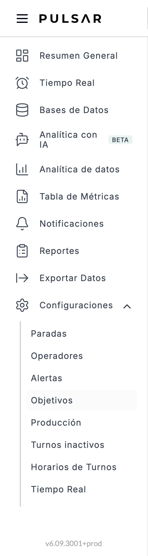 El menú lateral de la aplicación de escritorio con Configuraciones desplegado y Objetivos resaltado, entre Alertas y Producción.