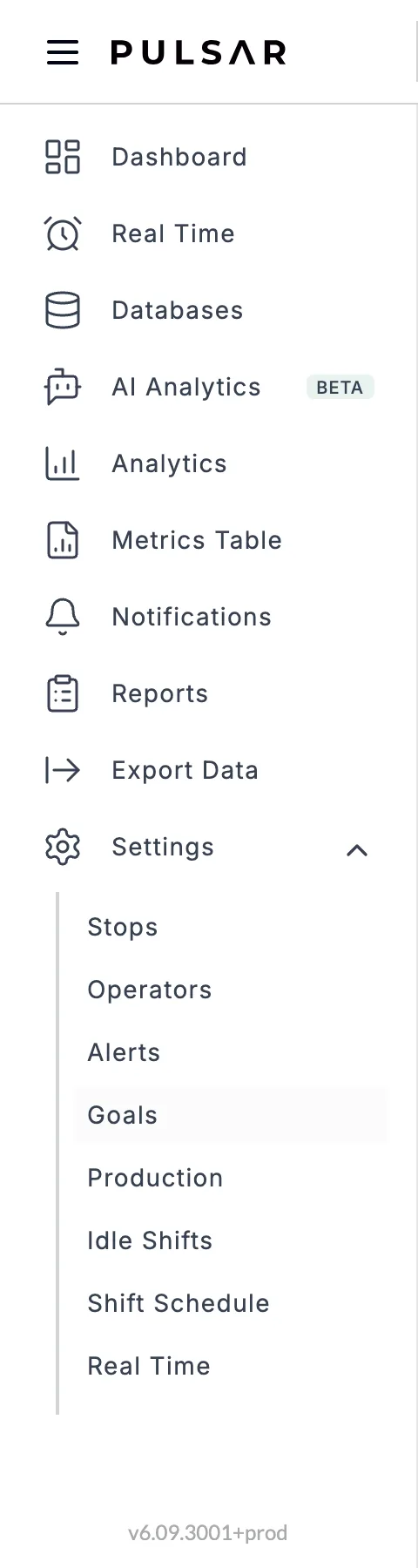 The desktop app's left-hand menu with Settings expanded and Goals highlighted, between Alerts and Production.