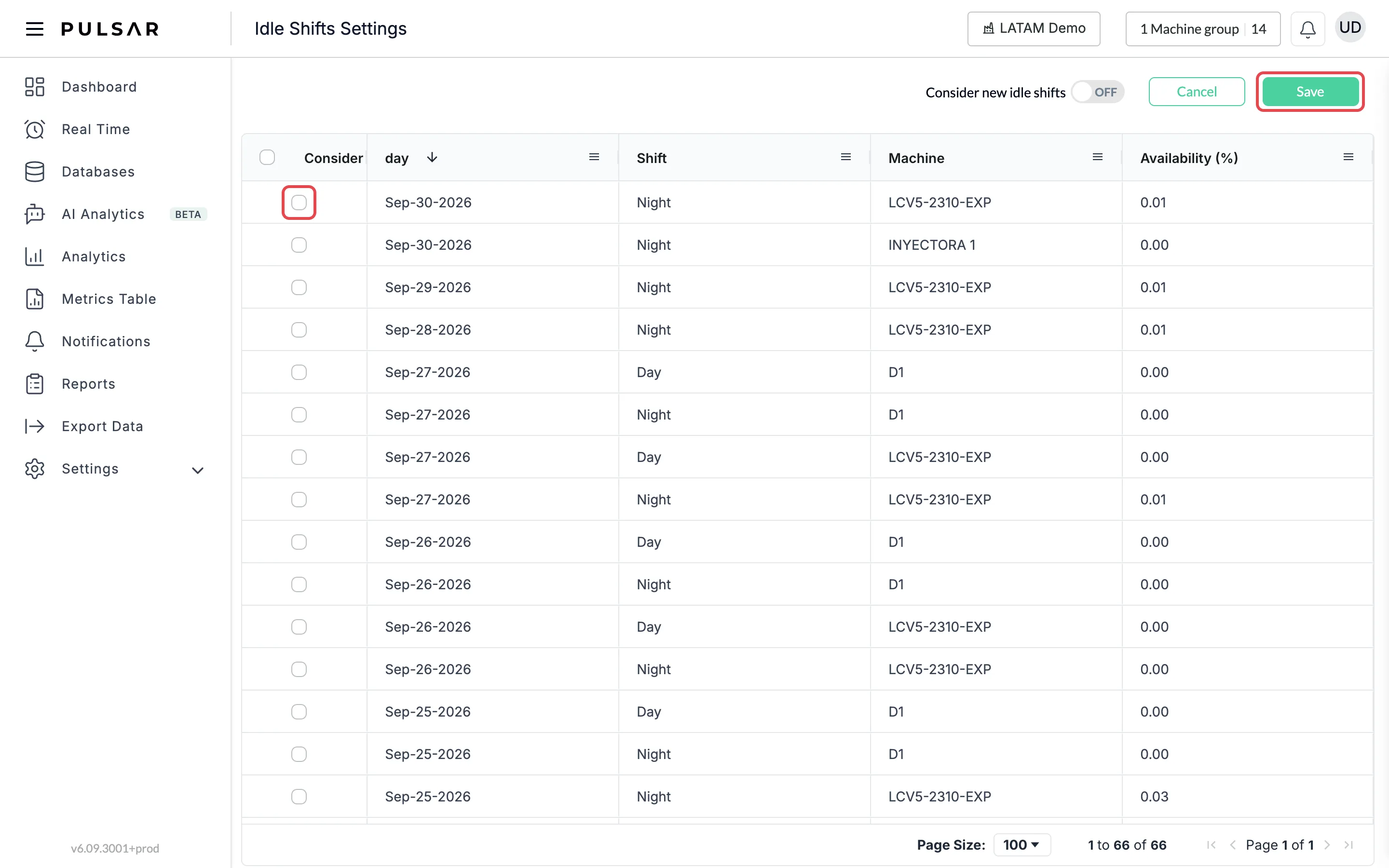 The Idle Shifts Settings page, with a table of idle shifts and the columns Consider, day, Shift, Machine and Availability (%). The checkbox of one shift in the Consider column and the Save button at the top right are highlighted.