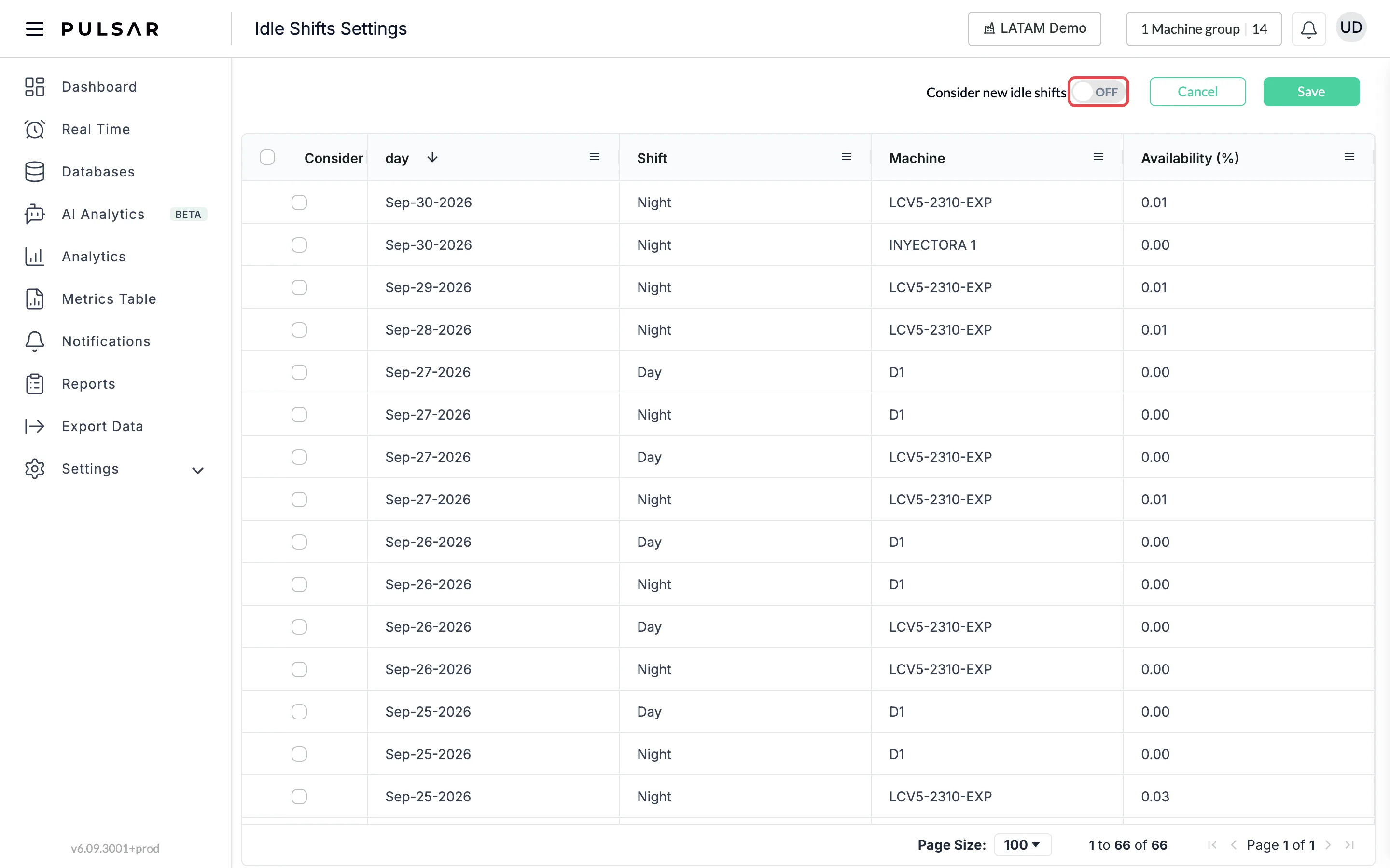 The Idle Shifts Settings page, with the Consider new idle shifts switch, set to OFF, highlighted at the top right next to Cancel and Save.