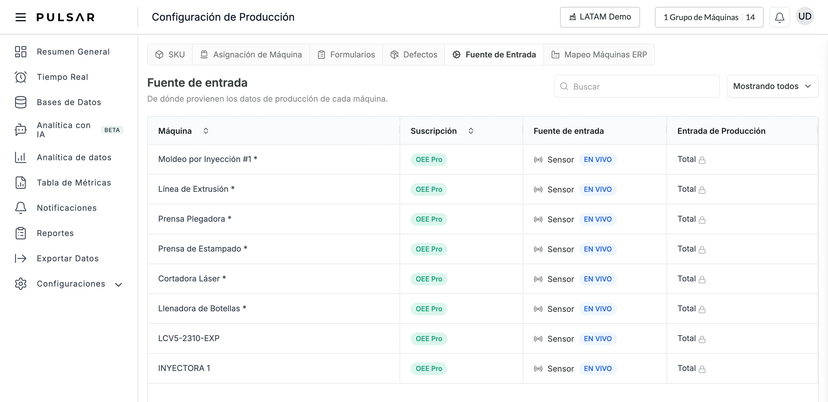 Configuración de Producción en la pestaña Fuente de Entrada, con el título Fuente de entrada y el subtítulo De dónde provienen los datos de producción de cada máquina. Arriba a la derecha, el campo Buscar y el filtro Mostrando todos. Abajo, una tabla con las columnas Máquina, Suscripción, Fuente de entrada y Entrada de Producción: todas las filas muestran la etiqueta OEE Pro, Sensor con la etiqueta azul EN VIVO y Total con un candado.