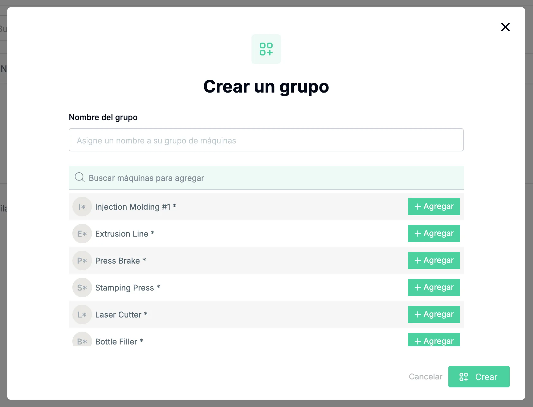 La ventana Crear un grupo, con el campo Nombre del grupo, el buscador Buscar máquinas para agregar, la lista de máquinas cada una con su botón verde Agregar, y Cancelar y Crear abajo a la derecha.