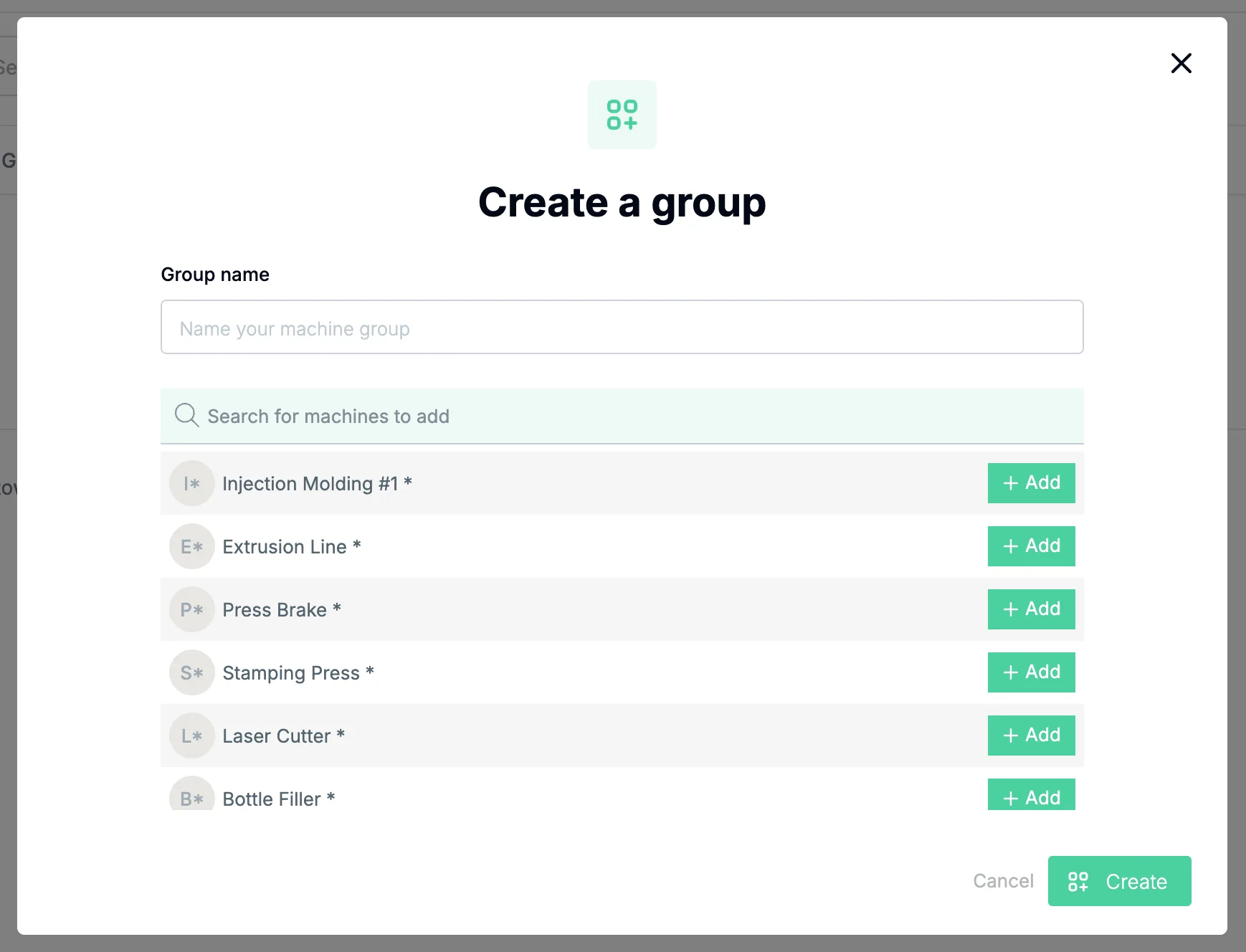 The Create a group window, with the Group name field, the Search for machines to add box, the list of machines each with a green Add button, and Cancel and Create at the bottom right.