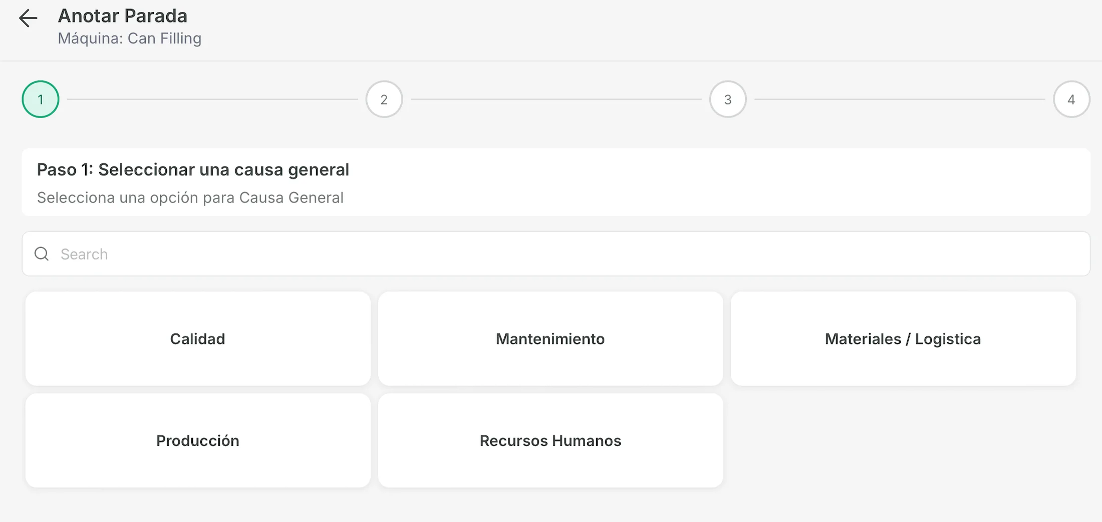 The Annotate Stop screen for a machine, on Step 1: Select a general cause, with a search field and the general causes as cards, such as Quality, Maintenance, Production and Human Resources, and the Next button at the bottom.