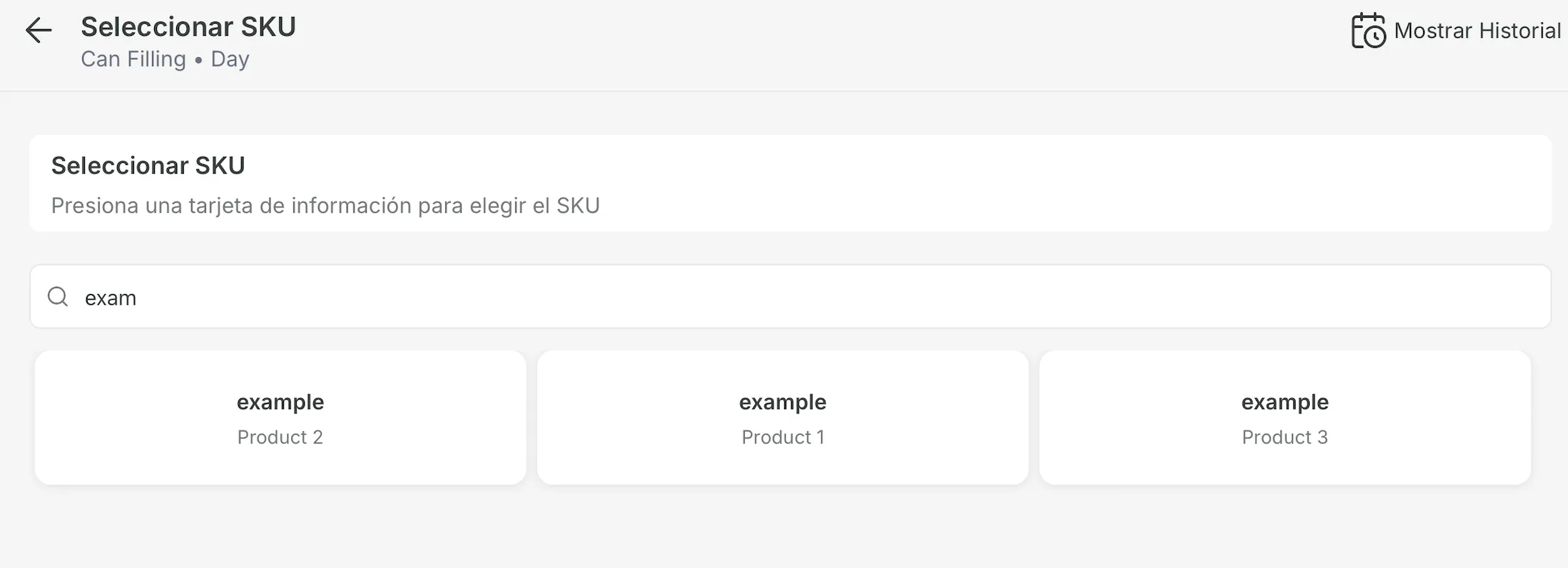 The Select SKU screen for a machine and shift, with text typed in the search field and the matching SKUs as cards, each showing its code and product name.