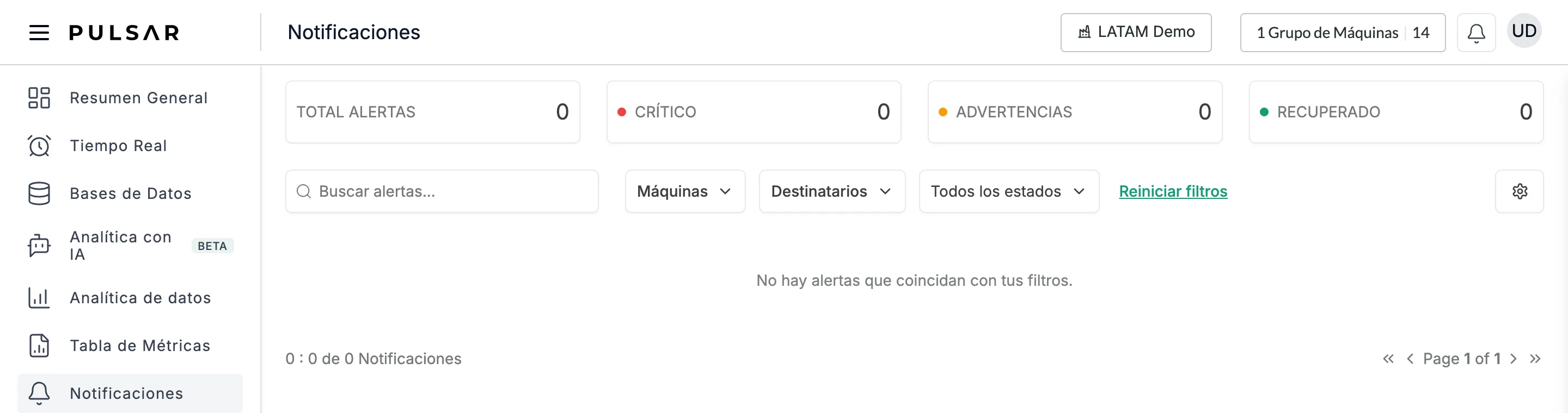 La página Notificaciones: los conteos TOTAL ALERTAS, CRÍTICO, ADVERTENCIAS y RECUPERADO arriba, aquí todos en 0; debajo, el cuadro Buscar alertas..., los filtros Máquinas, Destinatarios y Todos los estados, Reiniciar filtros y un botón de engrane a la derecha; y la lista vacía con el mensaje No hay alertas que coincidan con tus filtros. y 0 : 0 de 0 Notificaciones.