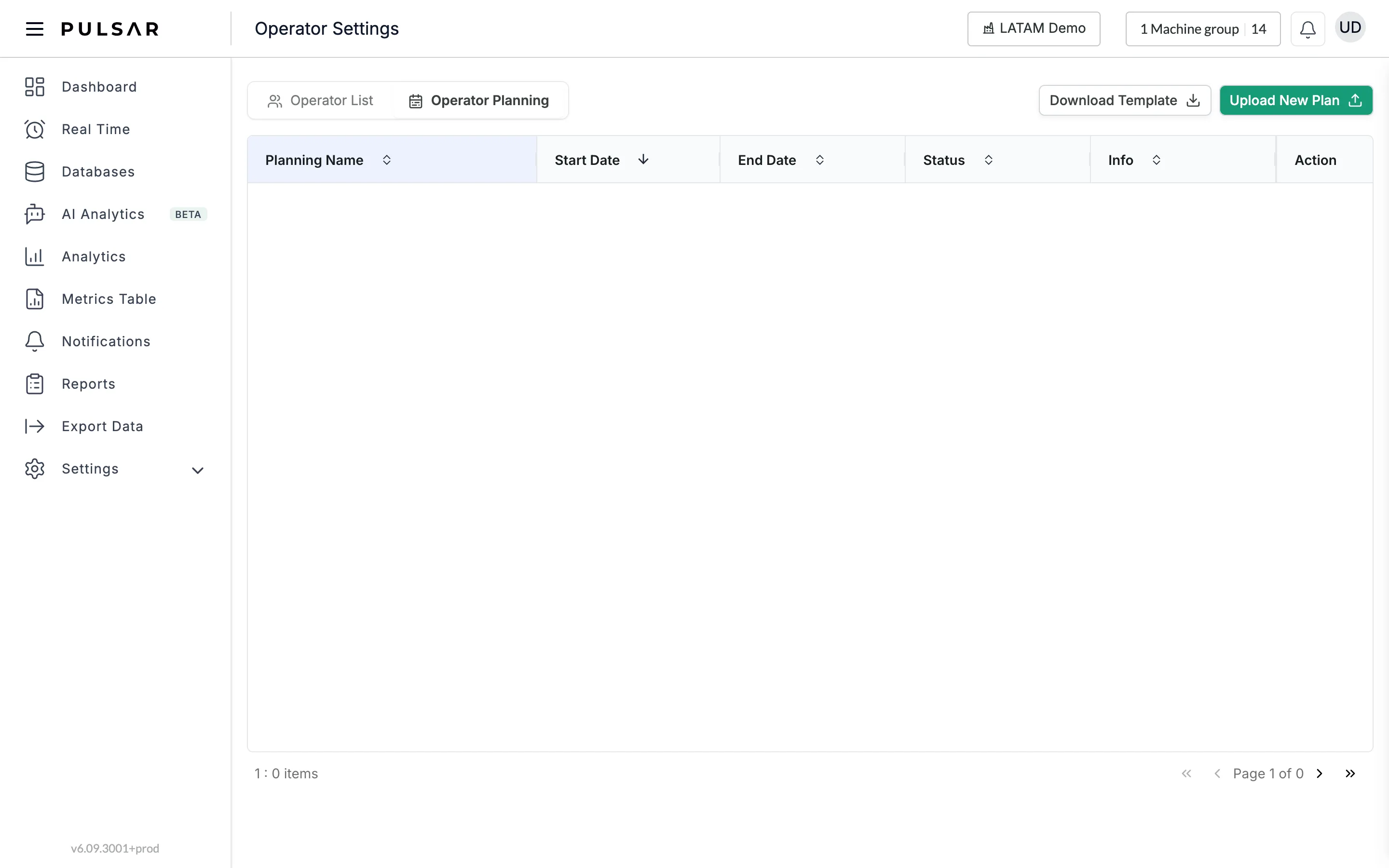 The Operator Settings page, opened from Settings > Operators, with the Operator Planning tab selected next to Operator List. At the top right, the Download Template and Upload New Plan buttons. Below, the plans table with the columns Planning Name, Start Date, End Date, Status, Info and Action.