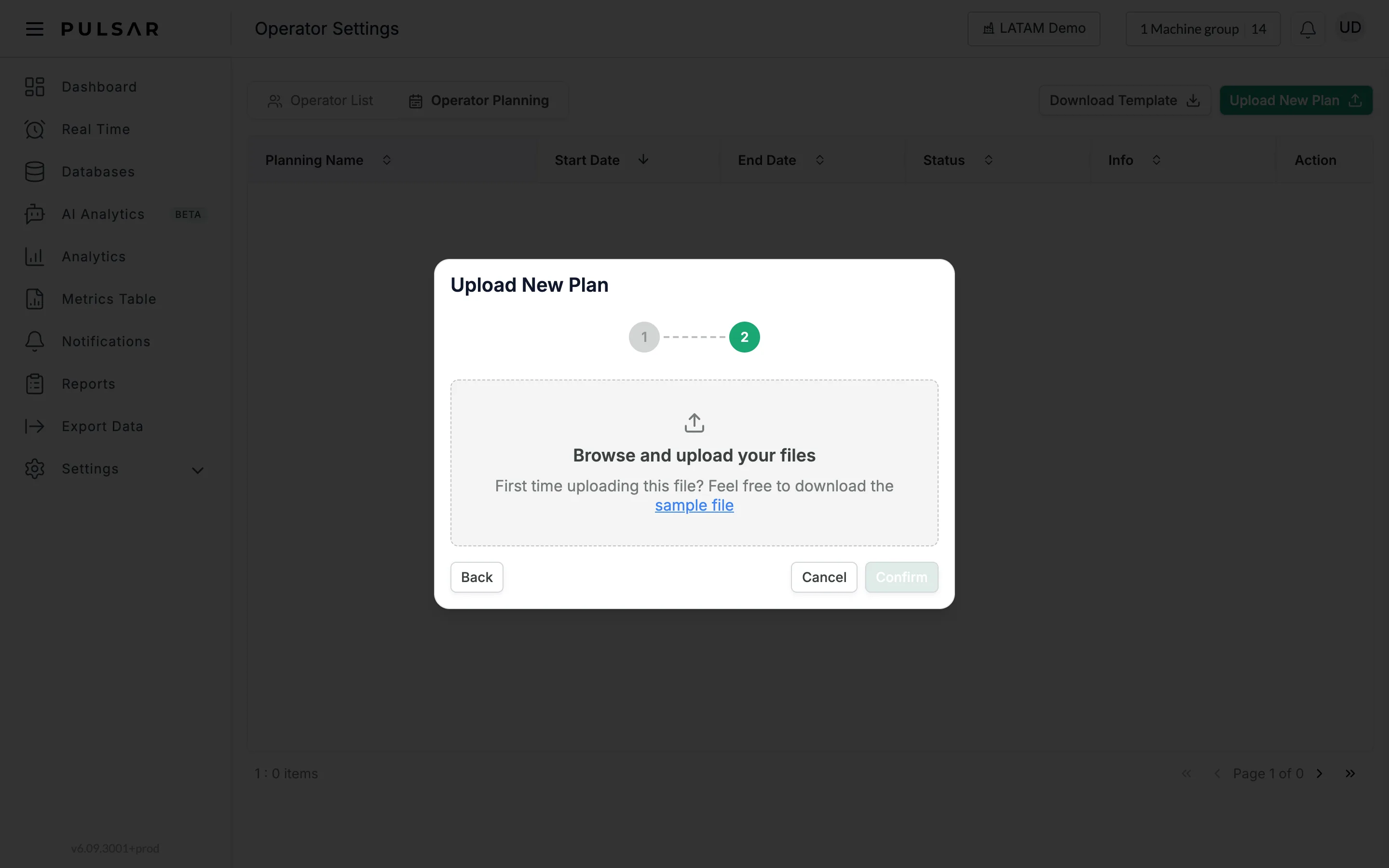 Step 2 of the Upload New Plan dialog: an upload area reading Browse and upload your files, with a sample file link, and the Back, Cancel and Confirm buttons.