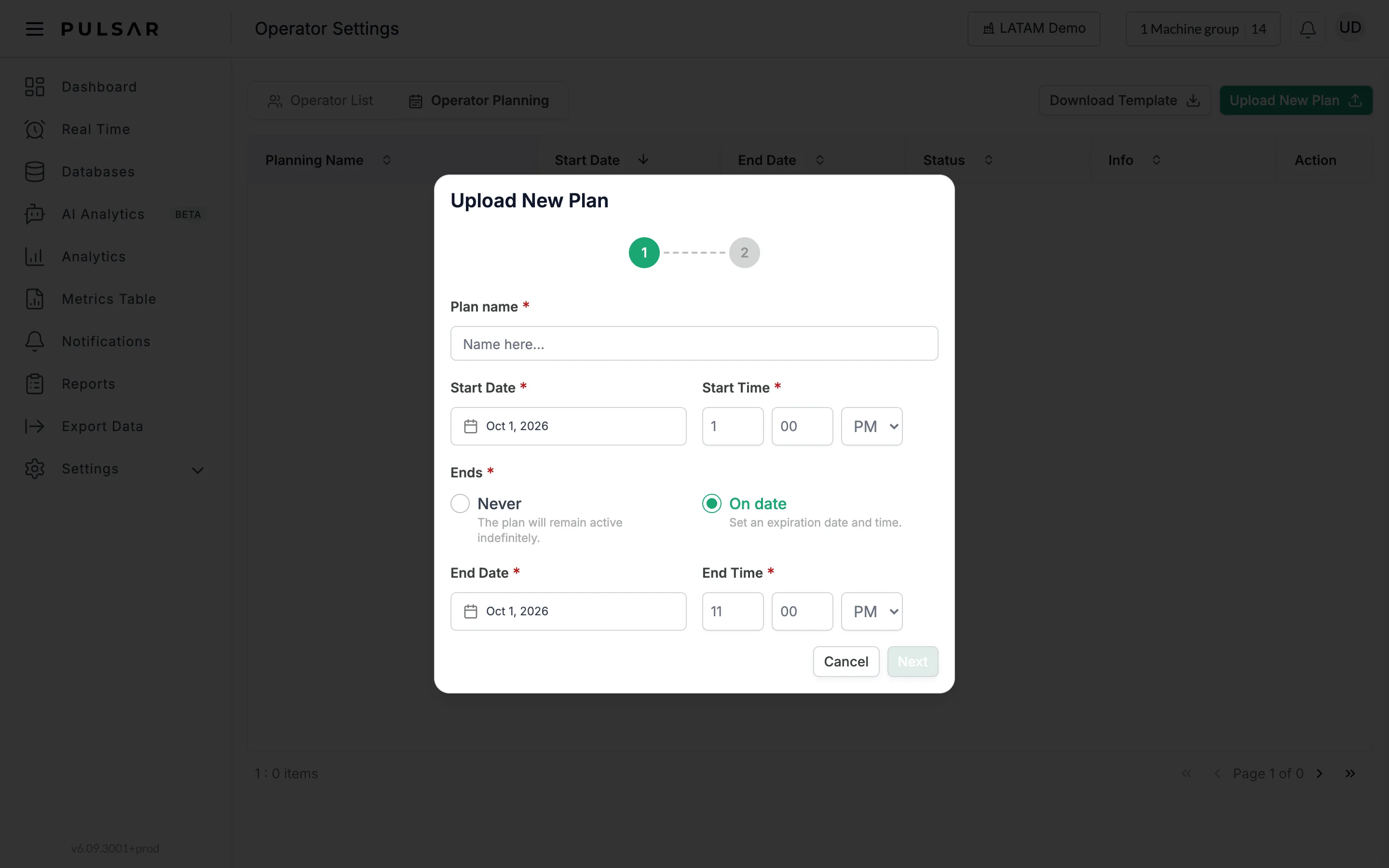 Step 1 of the Upload New Plan dialog, with the Plan name field, Start Date and Start Time, the Ends options Never and On date (On date selected), End Date and End Time, and the Cancel and Next buttons.