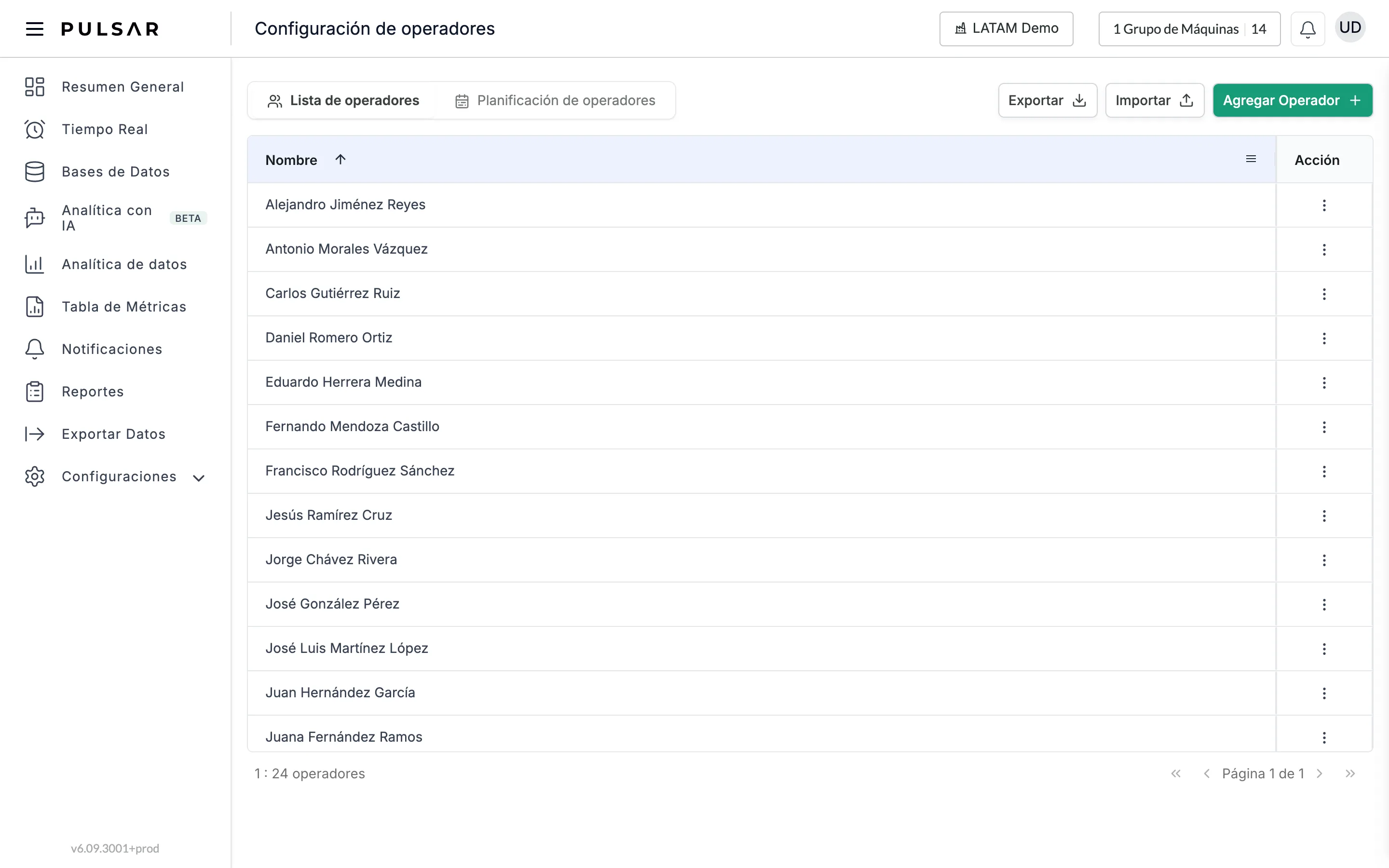 La página Configuración de operadores en la pestaña Lista de operadores, junto a la pestaña Planificación de operadores. Arriba a la derecha, los botones Exportar, Importar y Agregar Operador. Abajo, una tabla con la columna Nombre, ordenada de la A a la Z, y una columna Acción con un menú de tres puntos en cada fila, y al pie el conteo 1 : 24 operadores y los controles de página.