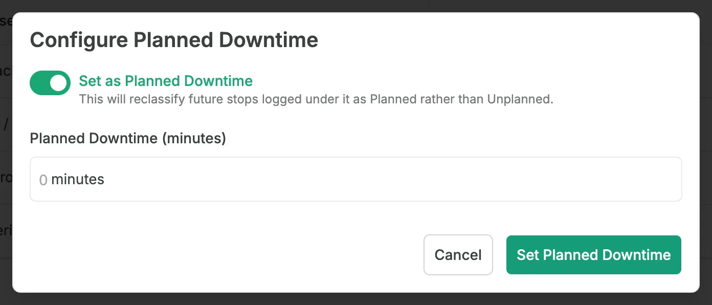 The Configure Planned Downtime window, with the Set as Planned Downtime toggle switched on, the note that future stops logged under the cause will be reclassified as Planned rather than Unplanned, the Planned Downtime (minutes) field, and the Cancel and Set Planned Downtime buttons.