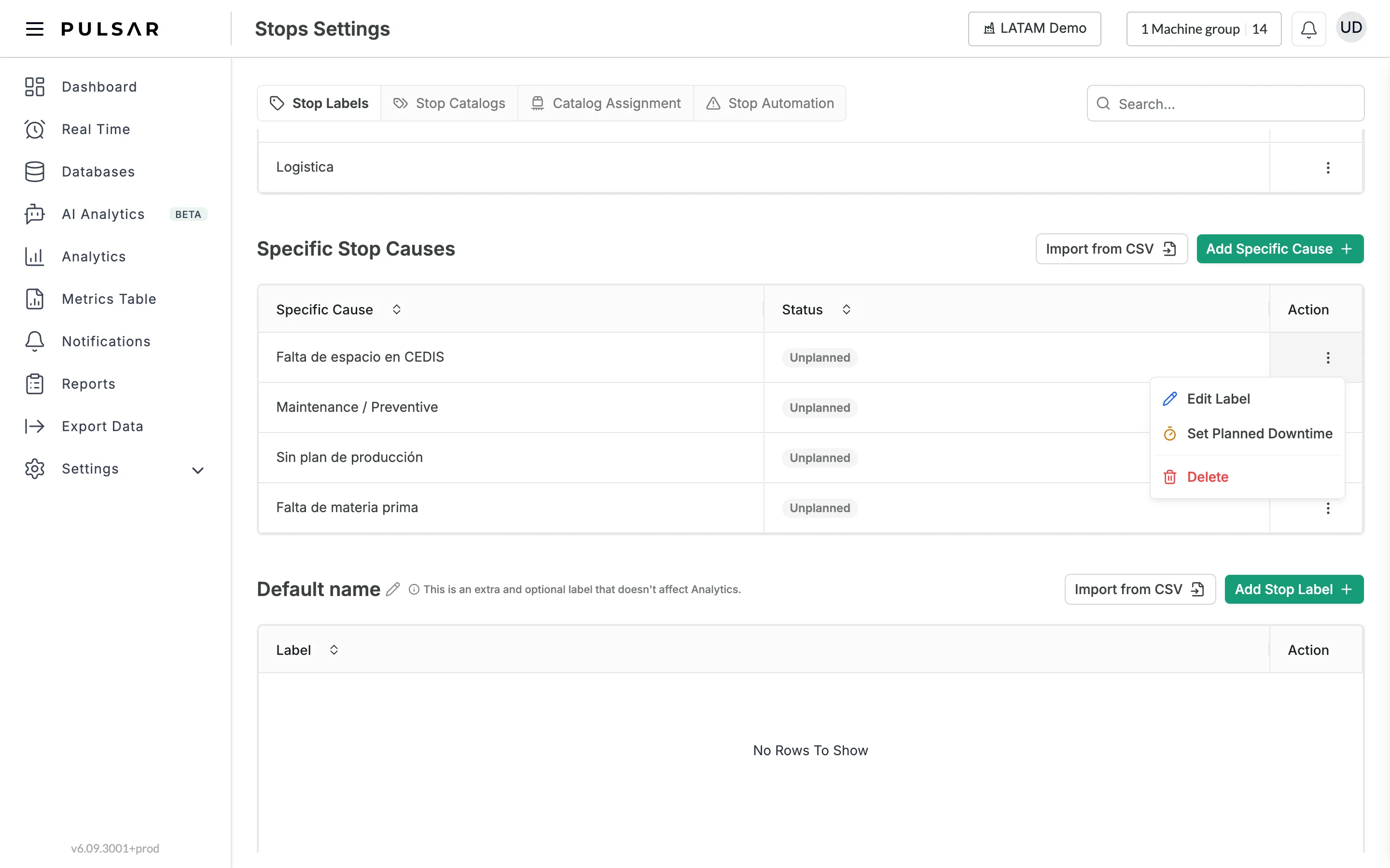 Settings > Stops, Stop Labels tab, scrolled to the Specific Stop Causes table with its Specific Cause, Status and Action columns. The three-dot menu of a specific cause is open, showing Edit Label, Set Planned Downtime and Delete.