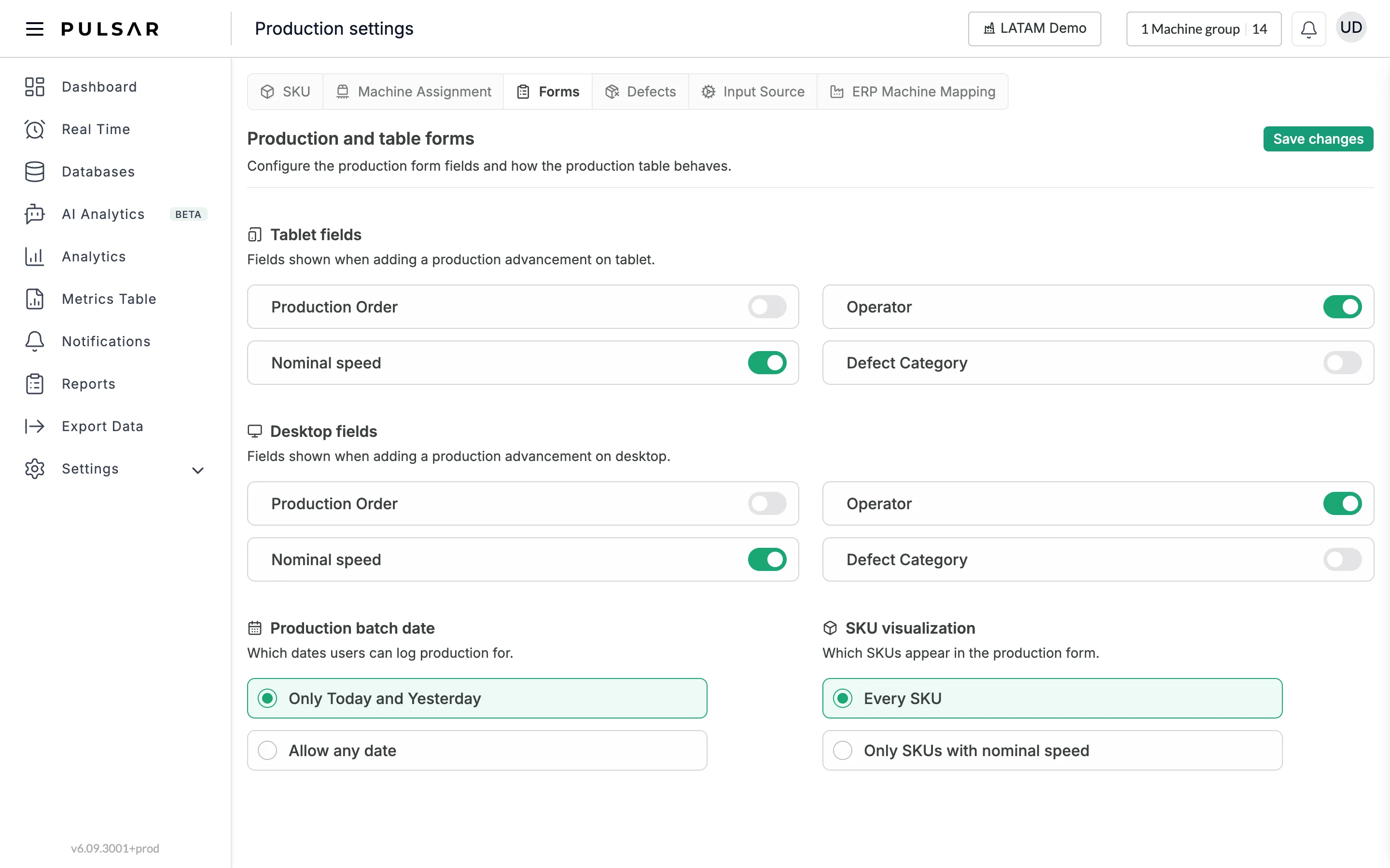 The Forms tab, Production and table forms, with the Save changes button: toggles for Production Order, Operator, Nominal speed and Defect Category under Tablet fields and again under Desktop fields, then the Production batch date options Only Today and Yesterday and Allow any date, and the SKU visualization options Every SKU and Only SKUs with nominal speed.