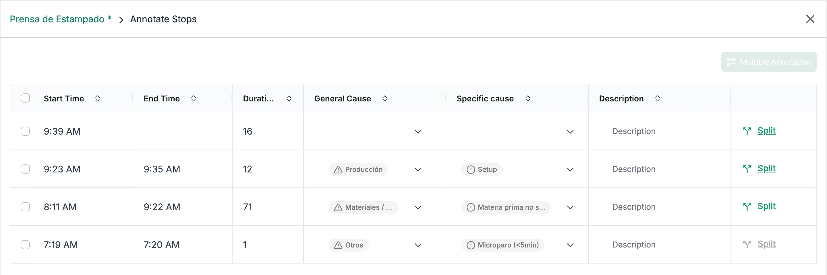 The Annotate Stops window for a machine, with the machine name and Annotate Stops at the top left, the X at the top right, the Multiple Annotation button, and a table of stops with checkboxes and the columns Start Time, End Time, Duration, General Cause, Specific cause and Description, plus a Split link on each row.