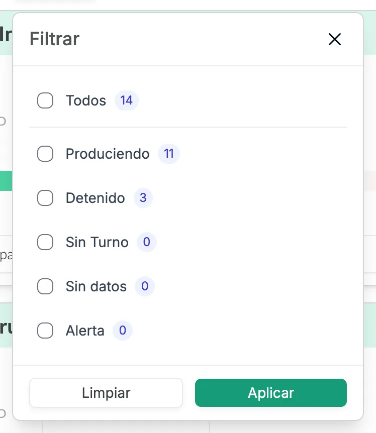 El panel Filtrar abierto en la página Tiempo Real, con casillas para Todos, Produciendo, Detenido, Sin Turno, Sin datos y Alerta, cada una con su número de máquinas, y los botones Limpiar y Aplicar.