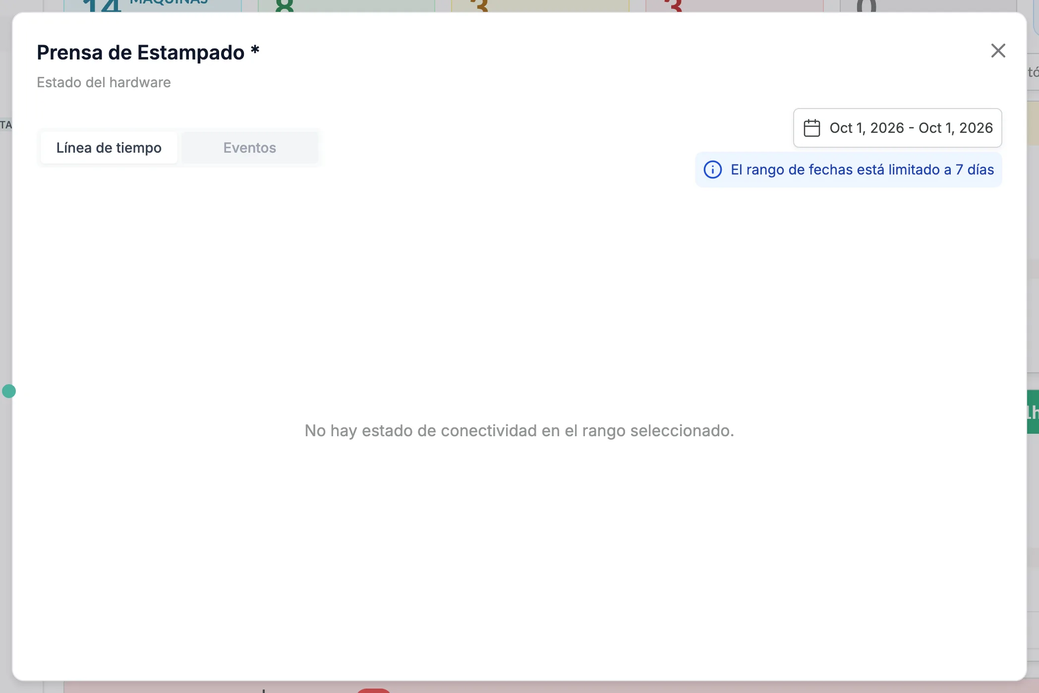 La ventana Estado del hardware de una máquina, con las pestañas Línea de tiempo y Eventos, un campo de rango de fechas, el aviso de que el rango de fechas está limitado a 7 días y el mensaje No hay estado de conectividad en el rango seleccionado.