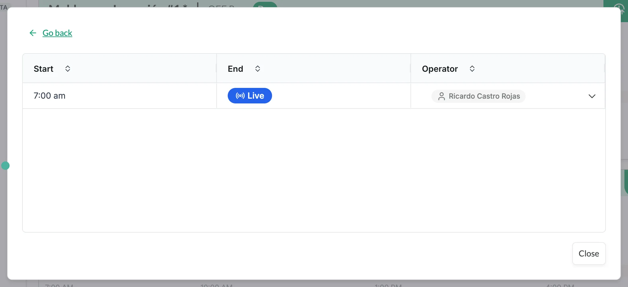 The shift's operator history, a table with the columns Start, End and Operator, where the current operator's end shows Live and the operator has a dropdown to change it, with Go back at the top and Close at the bottom.