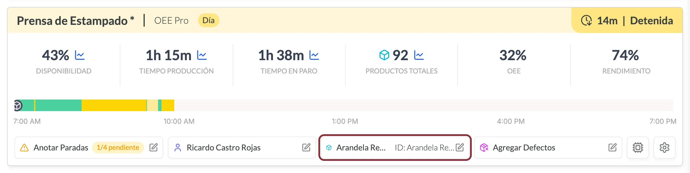 La tarjeta de una máquina en la página Tiempo Real, con el botón del SKU, que muestra el nombre del SKU y su ID, resaltado debajo de la línea de tiempo.