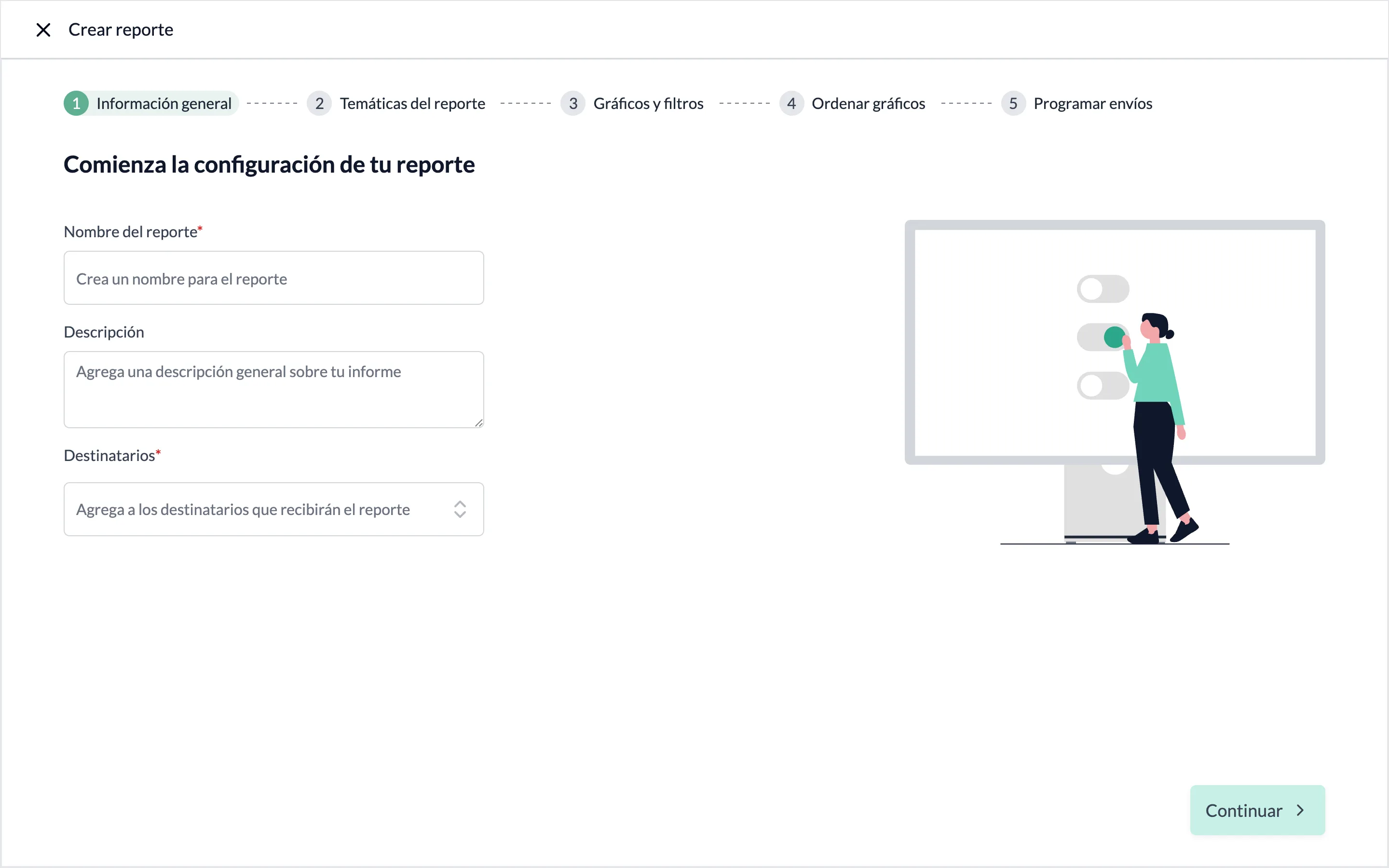 La pantalla Crear reporte en el paso 1, Información general, con los cinco pasos arriba (Información general, Temáticas del reporte, Gráficos y filtros, Ordenar gráficos, Programar envíos), los campos Nombre del reporte, Descripción y Destinatarios, y el botón Continuar abajo a la derecha.
