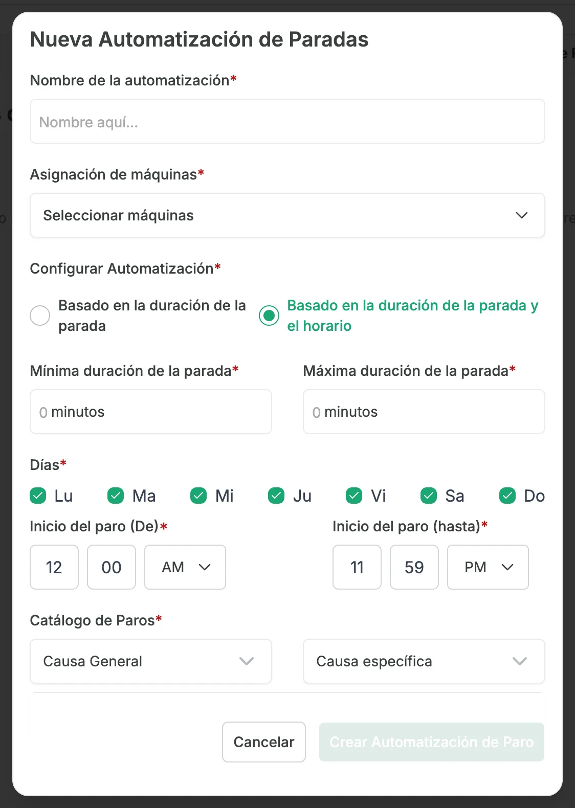 La ventana Nueva Automatización de Paradas con Basado en la duración de la parada y el horario seleccionado, que muestra los campos de duración mínima y máxima, las casillas Días de Lu a Do todas marcadas y las horas Inicio del paro (De) e Inicio del paro (hasta) en 12:00 AM y 11:59 PM.