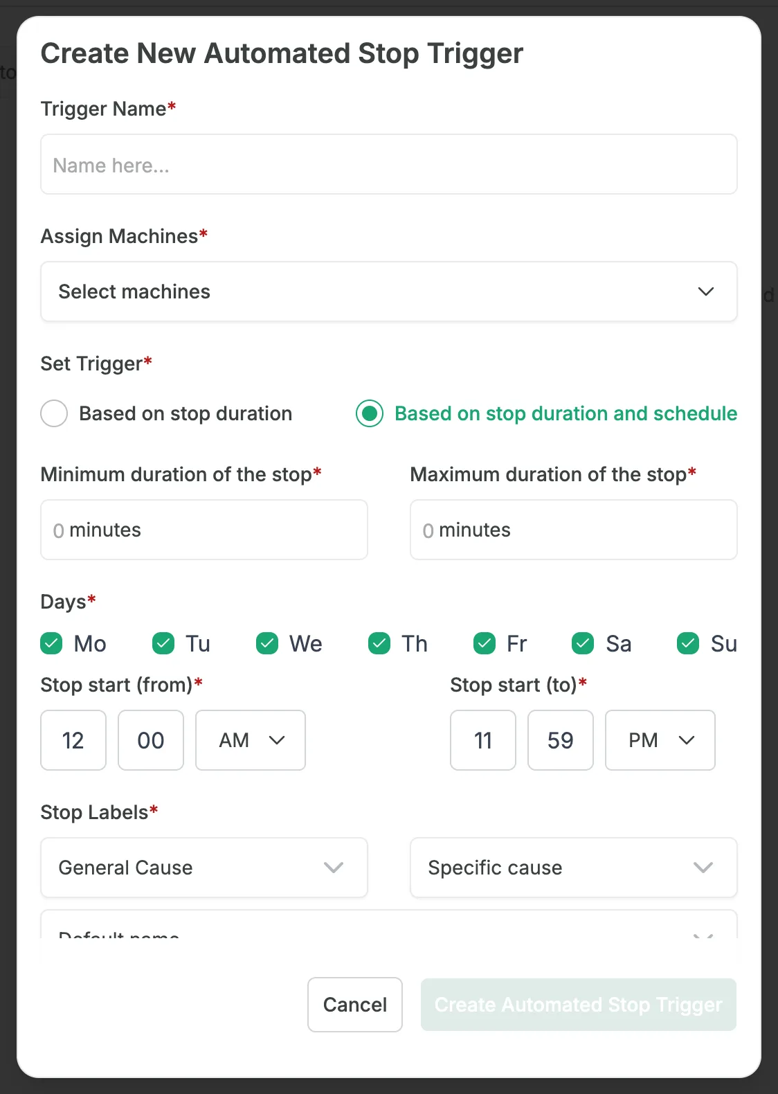 The Create New Automated Stop Trigger window with Based on stop duration and schedule selected, showing the minimum and maximum duration fields, the Days checkboxes Mo to Su all ticked, and the Stop start (from) and Stop start (to) times set to 12:00 AM and 11:59 PM.