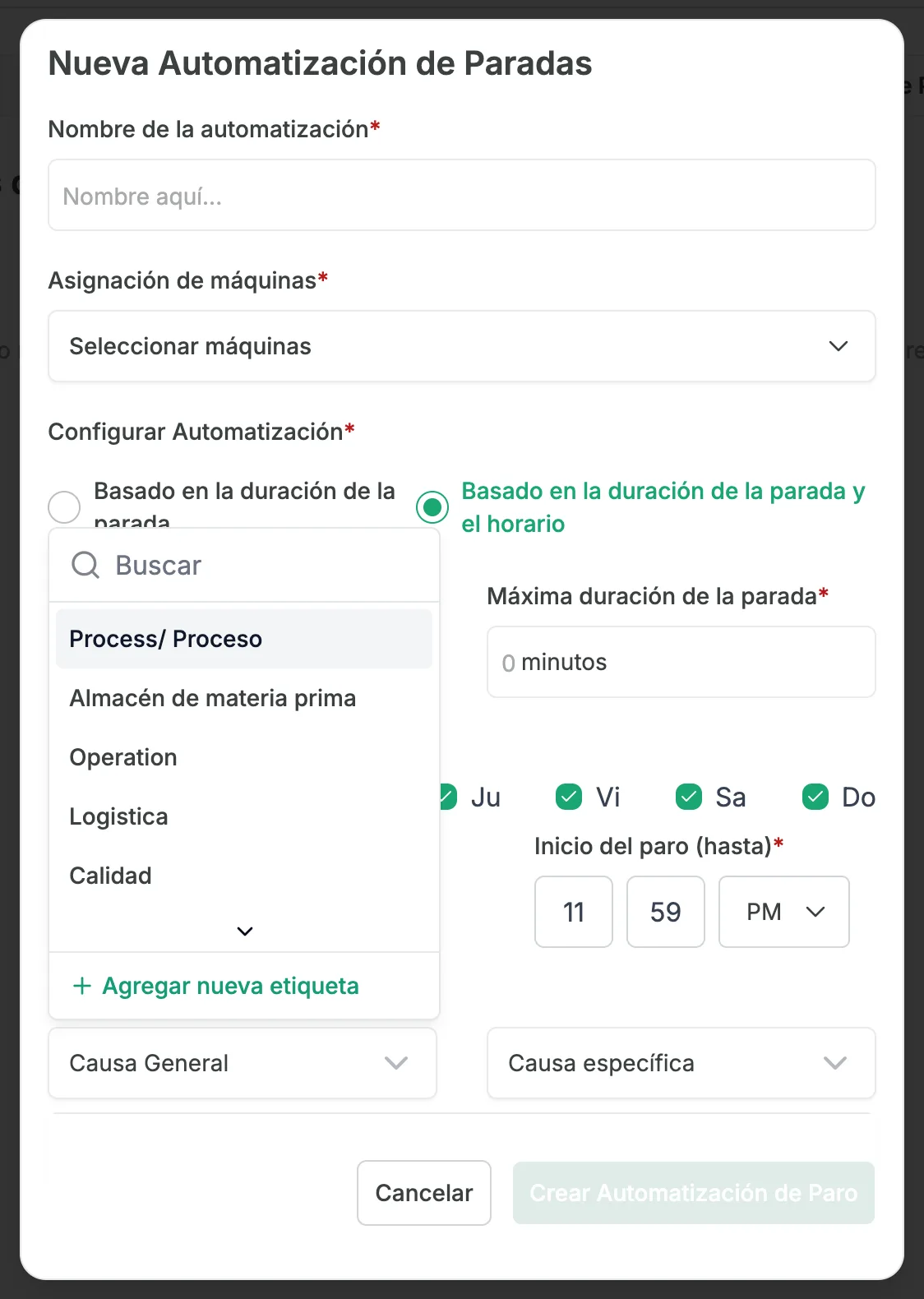 La ventana Nueva Automatización de Paradas con el menú Causa General abierto en Catálogo de Paros: un cuadro de búsqueda, la lista de causas generales y el enlace Agregar nueva etiqueta al final.