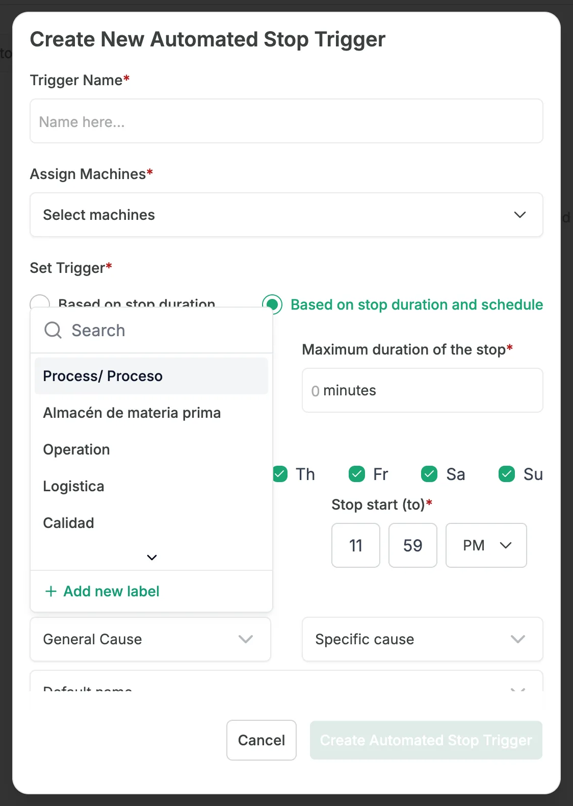 The Create New Automated Stop Trigger window with the General Cause drop-down open under Stop Labels: a Search box, the list of general causes and the Add new label link at the bottom.