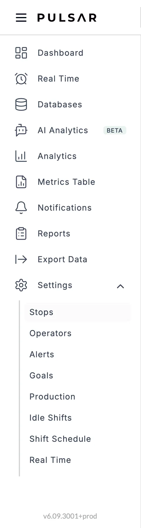 The desktop app's left-hand menu with Settings expanded, listing Stops, Operators, Alerts, Goals, Production, Idle Shifts, Shift Schedule, Real Time, with Stops highlighted. Machine groups and Users Settings are further down the same list, which scrolls.