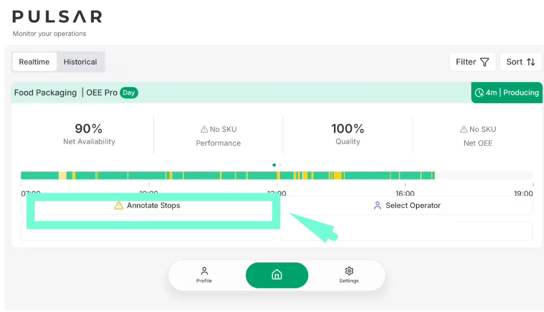A machine card on the app's Home screen, in the Realtime view, with the Annotate Stops button below the timeline highlighted.