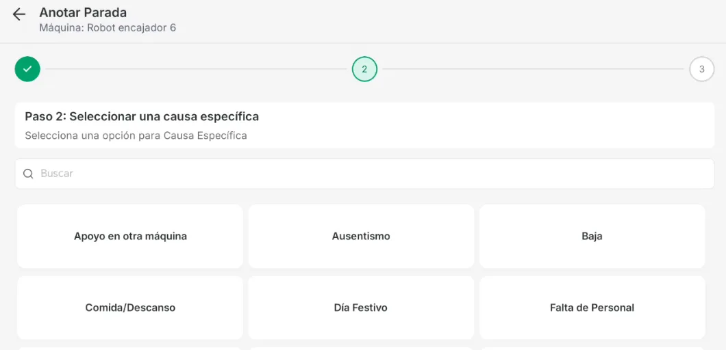 La pantalla Anotar Parada en el Paso 2: Seleccionar una causa específica, con un campo de búsqueda y las causas específicas como tarjetas, una de ellas seleccionada, y los botones Atrás y Siguiente abajo.