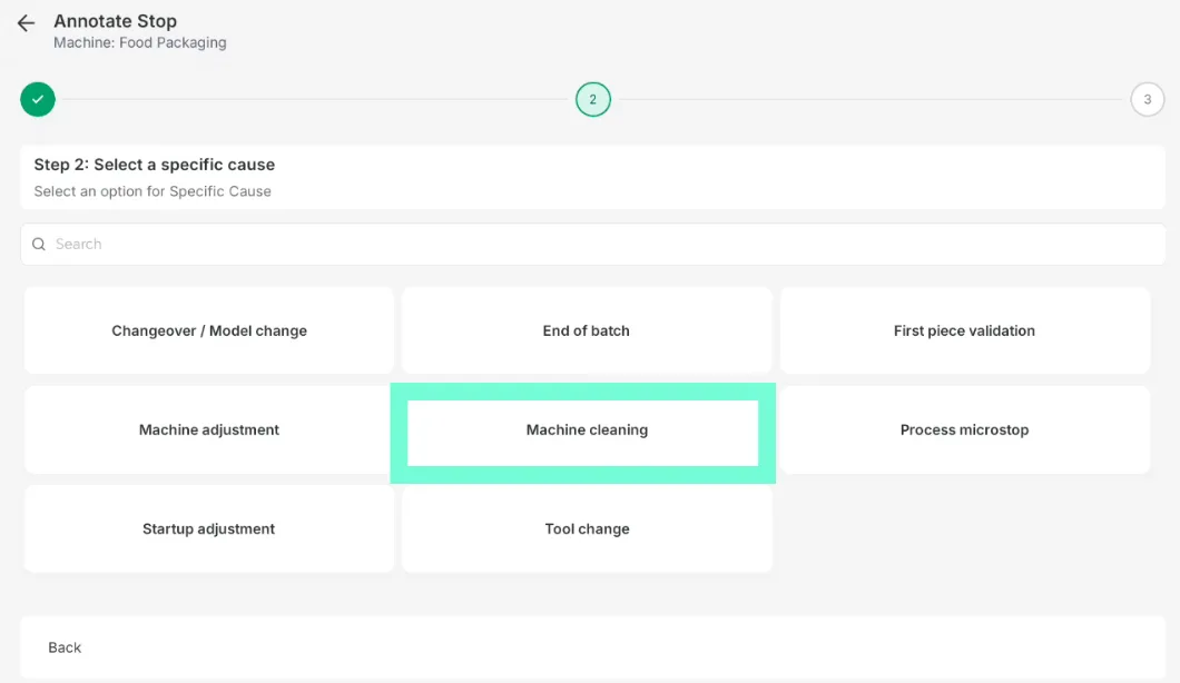 The Annotate Stop screen on Step 2: Select a specific cause, with a search field and the specific causes as cards, one of them selected, and the Back and Next buttons at the bottom.