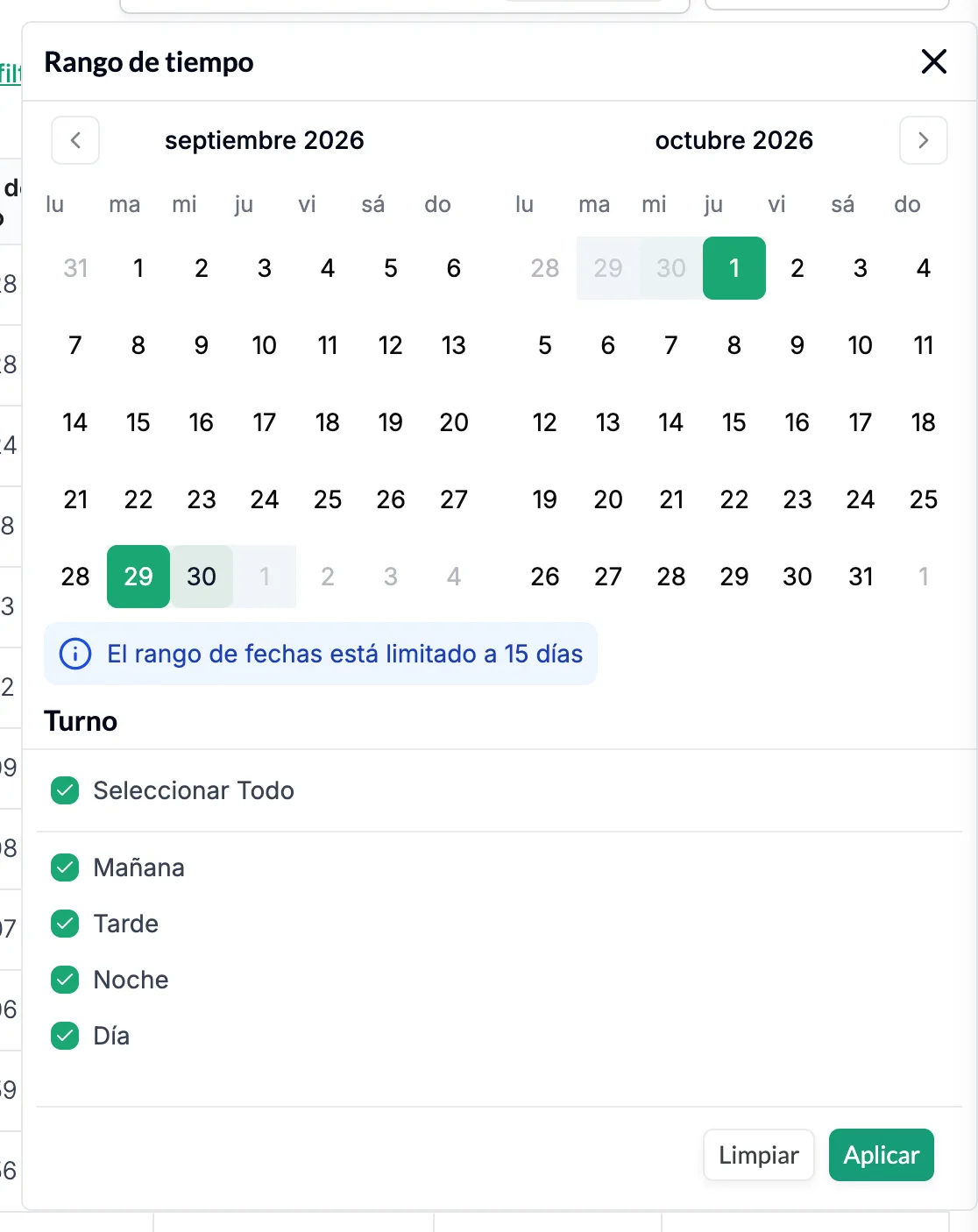 El panel de rango de fechas abierto en la pestaña Paradas, con dos meses de calendario, el aviso de que el rango de fechas está limitado a 15 días, las casillas de Turno y los botones Limpiar y Aplicar.
